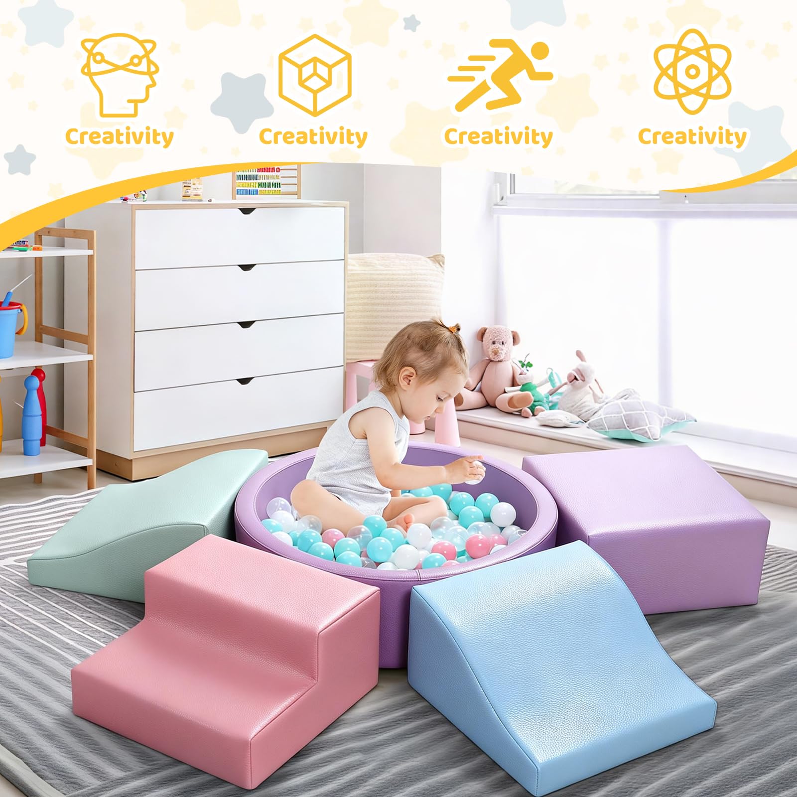 Foam Climbing Blocks for Toddler: with 4-Piece PU Leather Climbing Toys and a Ball Pit - Foam Ball Pit for Toddlers - Climbing Toys Indoor for Kids Crawling (Beige/Ivory Climbing Blocks)