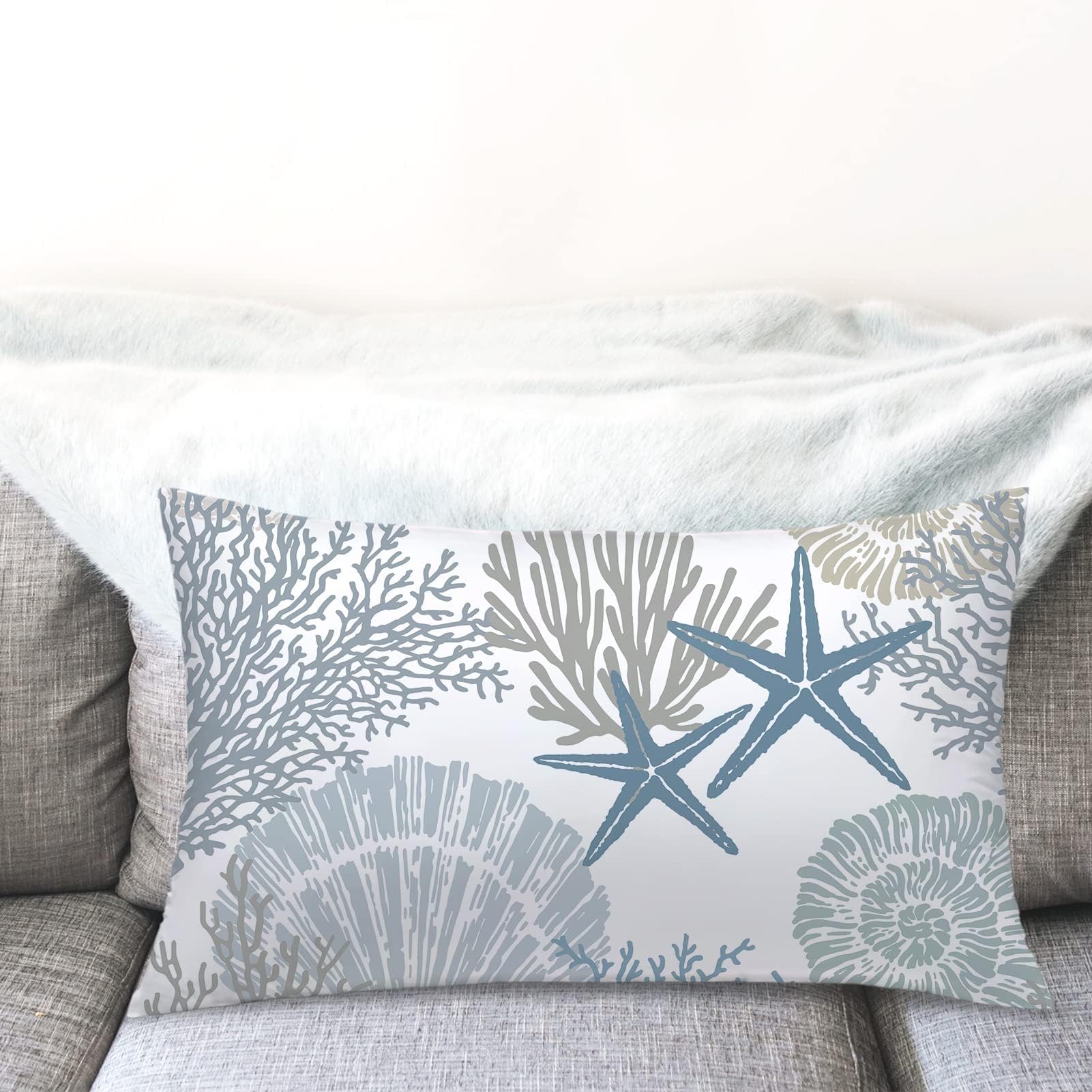Tritard Nautical Coastal Throw Pillow Covers 16x16 Set of 2 Beach Themed Ocean Seashell Coral Starfish Velvet Couch Decorative Pillow Cases Outdoor Sofa Cushion Cover for Bedroom Living Room, Blue