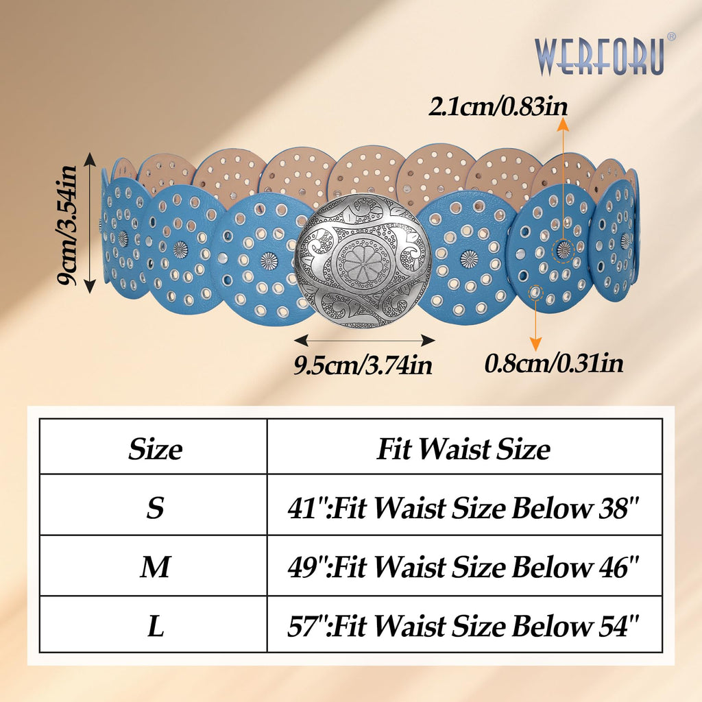 WERFORU Women Vintage Leather Belt Western Disc Waist Belts Ladies Western Belt Boho Belt for Dress Jean-