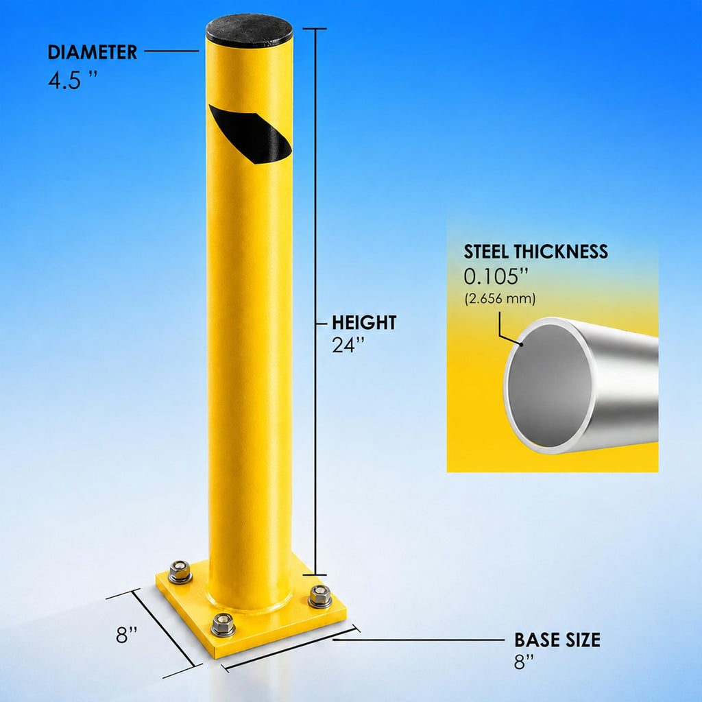 Crowd Control Warehouse Trafford Industrial Steel Bollards 24” Height, Safety Steel Post, Yellow Powder-Coated Finish Heavy Duty Fillable with Concrete, for Driveway Barrier, Parking Pole & Traffic