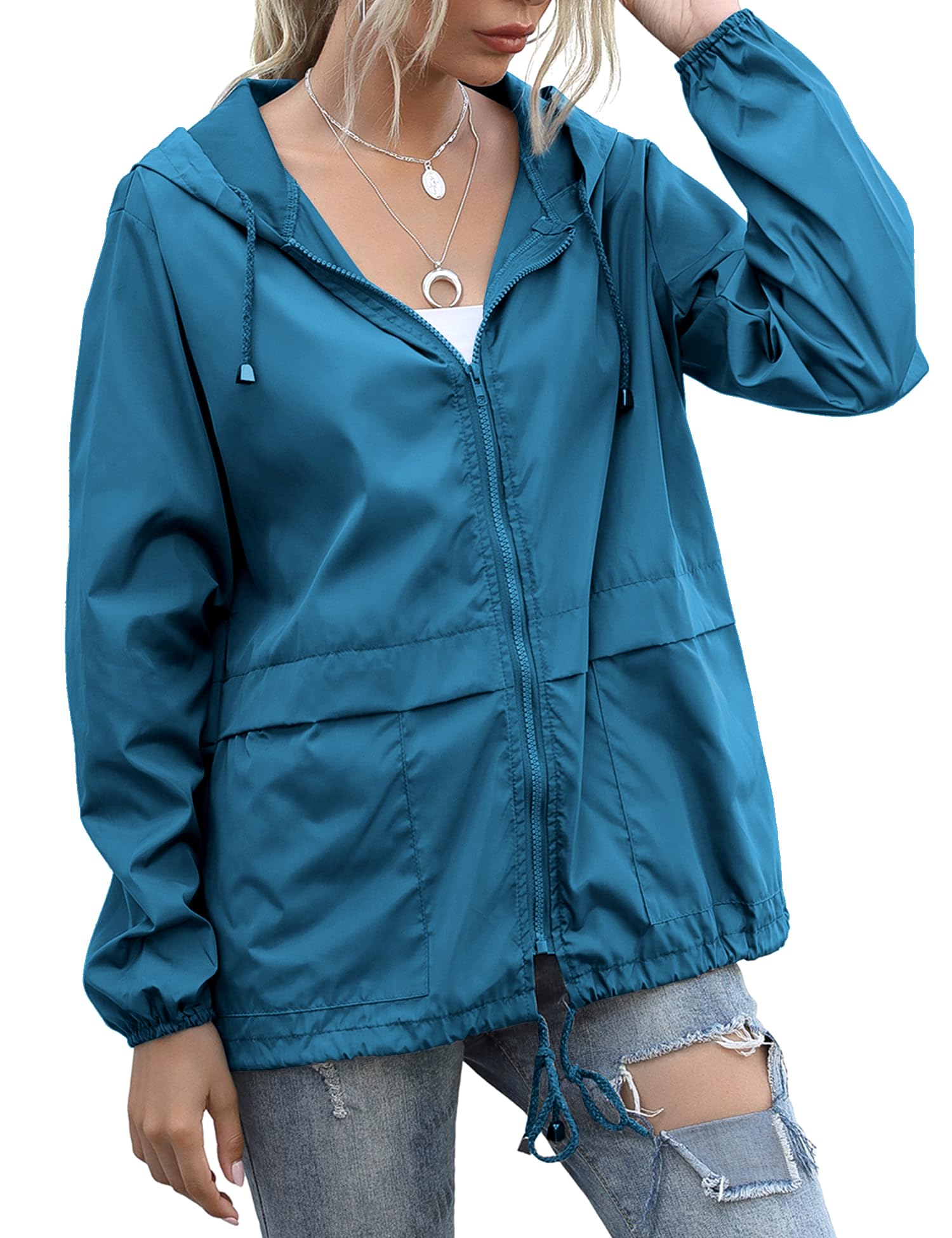 Women's Raincoats Lightweight Waterproof Windproof Adjustable Windbreaker Rain Jackets Hooded with Pockets S-XXL