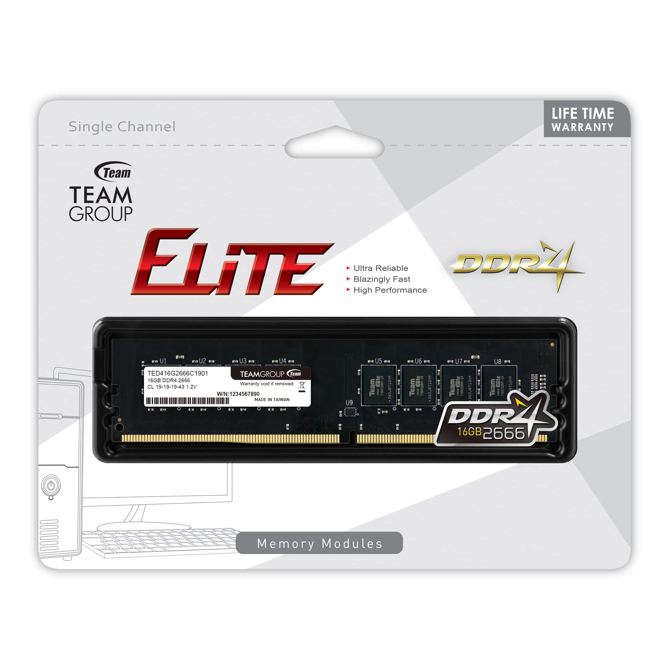 TEAMGROUP Elite DDR4 8GB Single 2666MHz PC4-21300 CL19 Unbuffered Non-ECC 1.2V UDIMM 288 Pin PC Computer Desktop Memory Module Ram - TED48G2666C1901