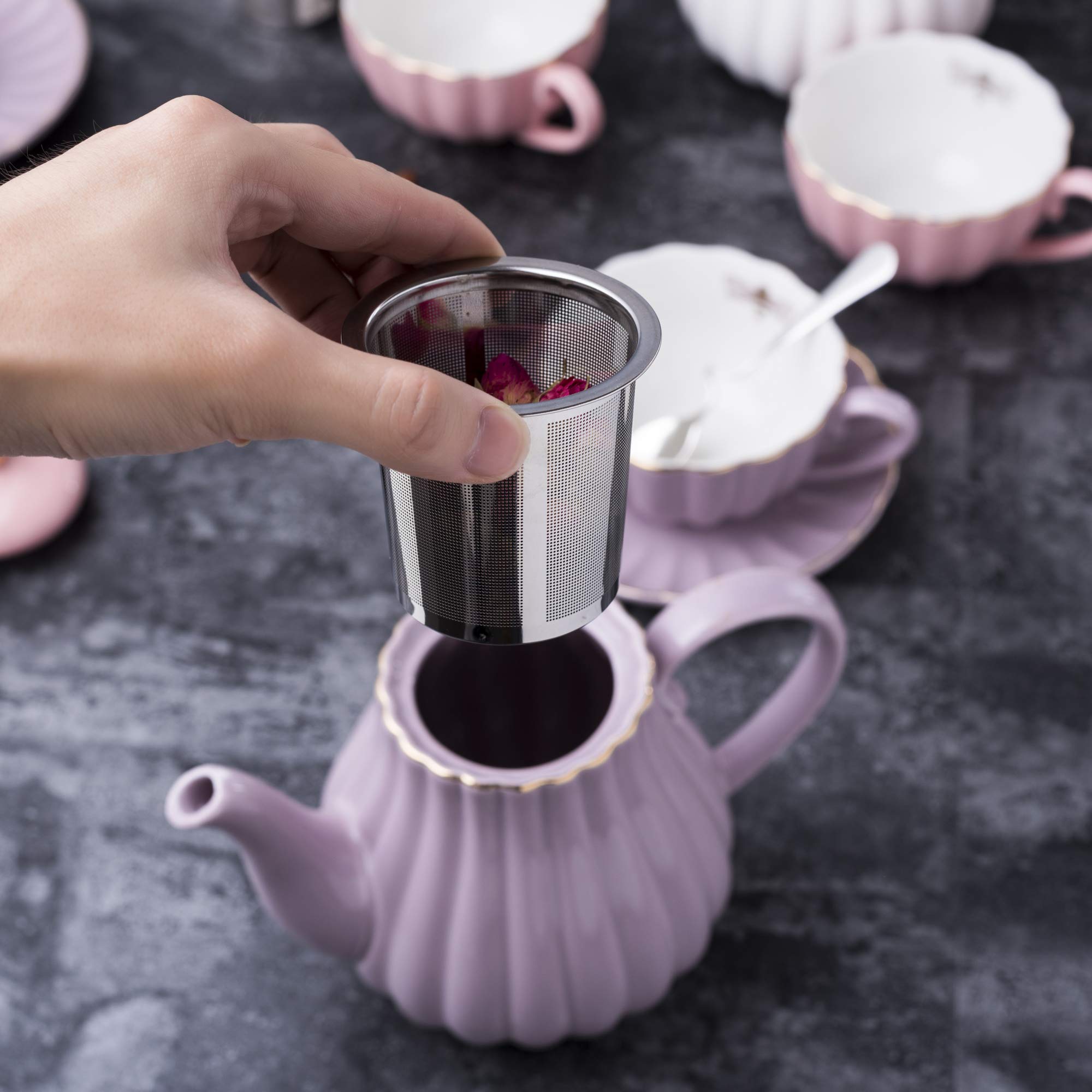 Jusalpha Serve for 6- Fine China Pink Coffee Cup/Teacup Set, 8 OZ Cups& Saucer, with Teapot-Sugar Bowl-Cream Pitcher Teaspoons and tea strainer for Tea/Coffee (Lavender, Serve of 6)
