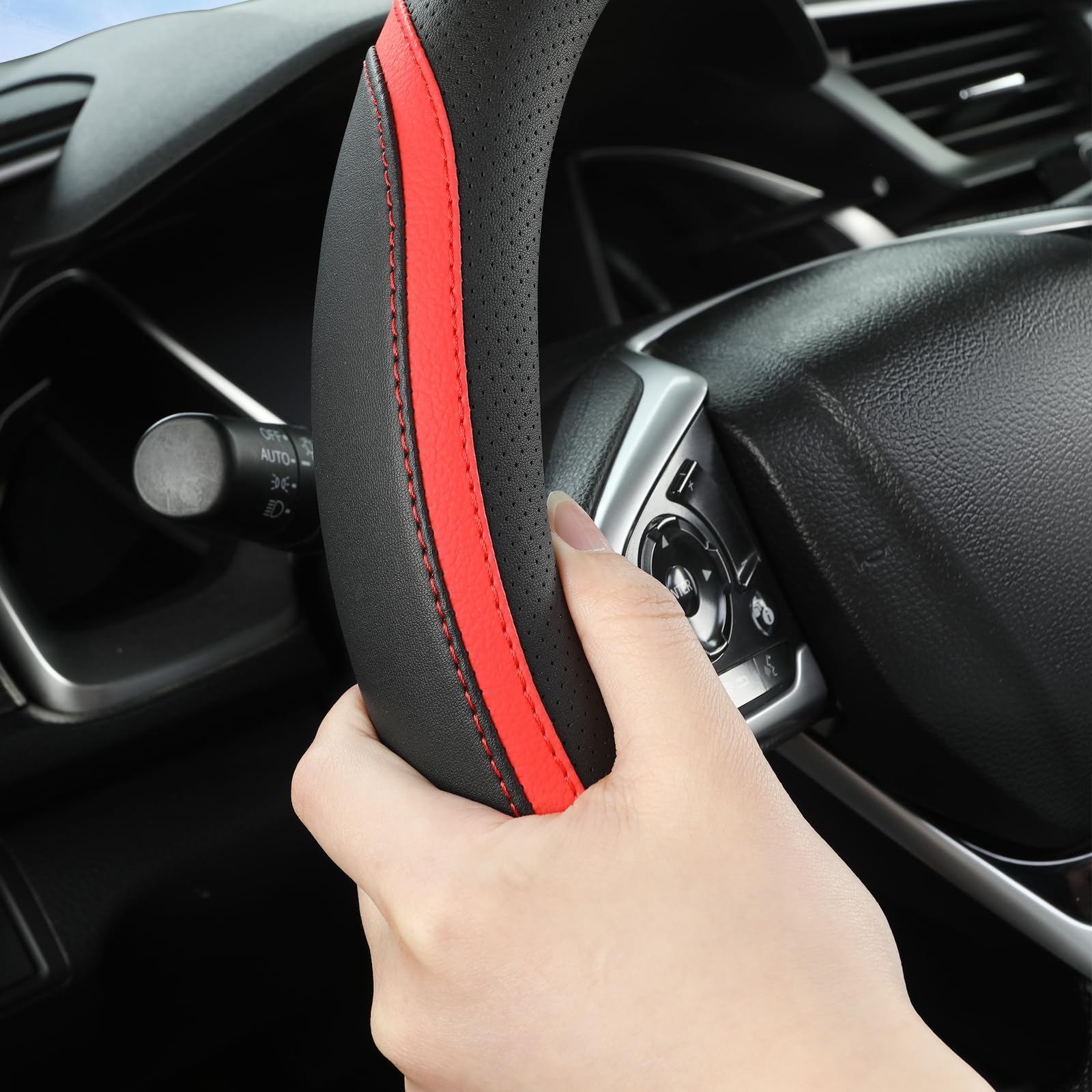 Car Steering Wheel Cover, Leather Steering Wheel Cover Beige Universal 14.5-15 Inch Microfiber Leather Anti-Slip Breathable Auto Steering Wheel Covers for Men Women (Black&Beige)