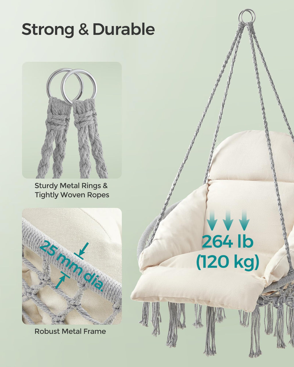SONGMICS Hanging Chair, Hammock Chair with Large, Thick Cushion, Boho Swing Chair for Bedroom, Patio, Balcony, Garden, Holds up to 264 lb, Accessories Included, Cream White UGDC042M01