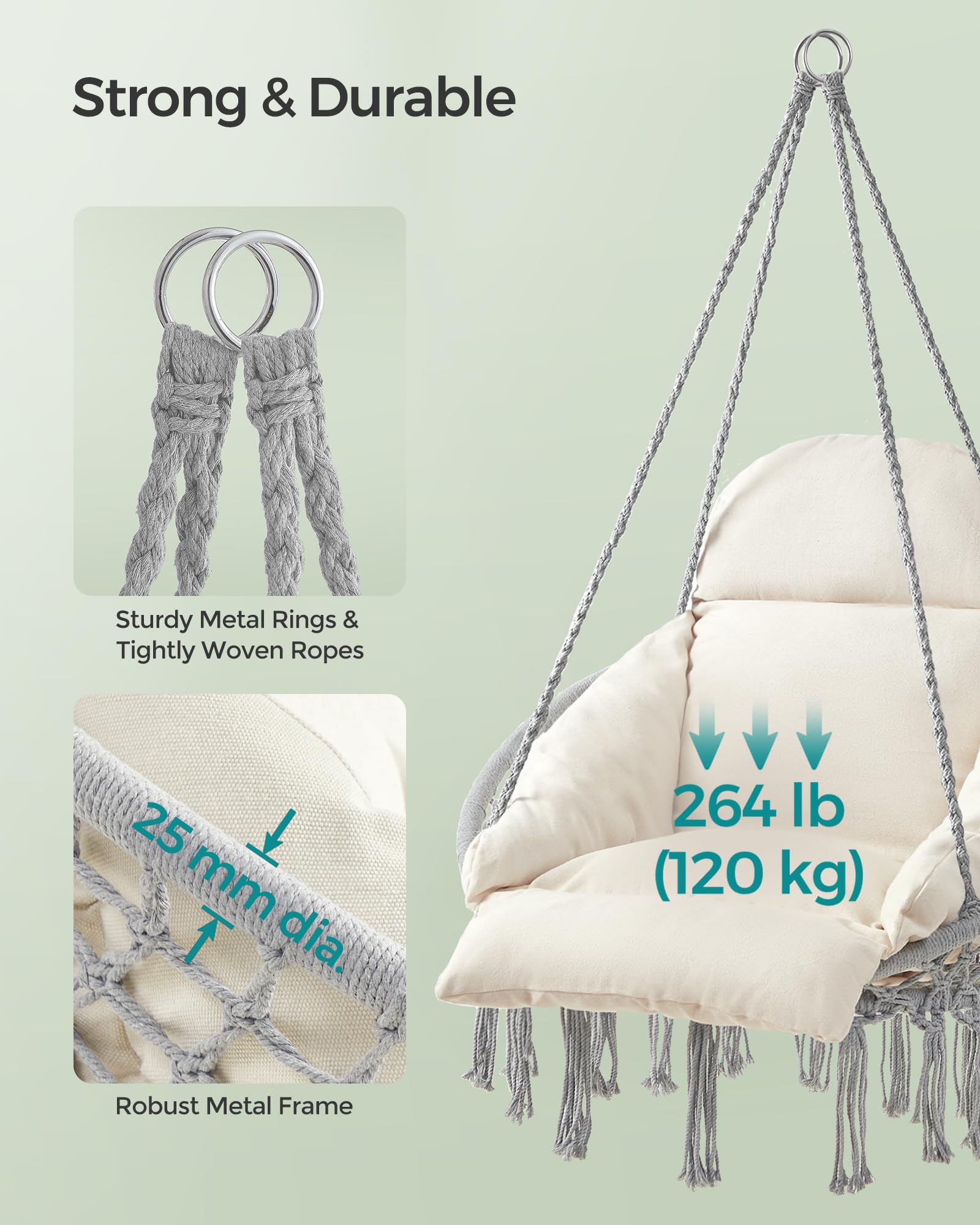SONGMICS Hanging Chair, Hammock Chair with Large, Thick Cushion, Boho Swing Chair for Bedroom, Patio, Balcony, Garden, Holds up to 264 lb, Accessories Included, Cream White UGDC042M01