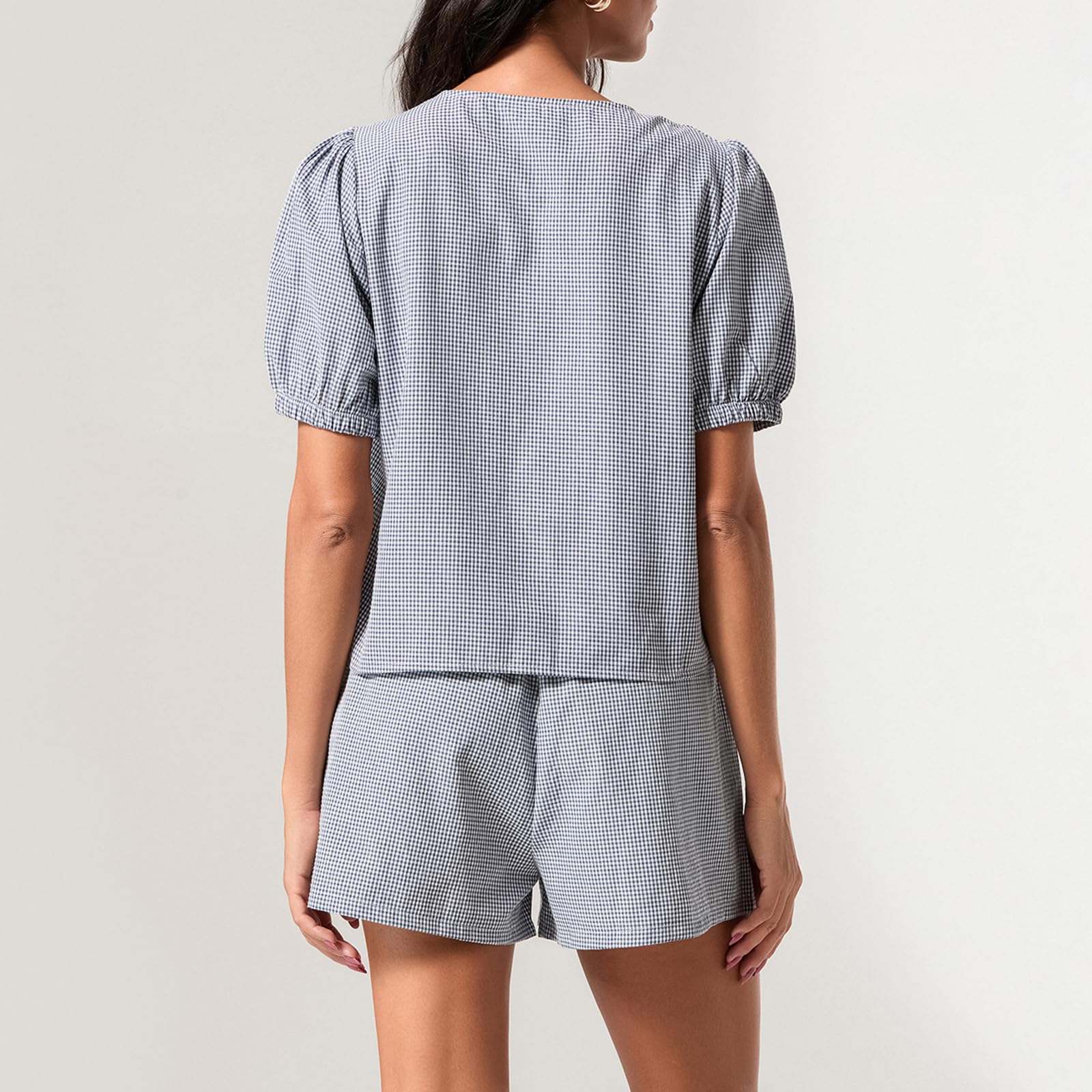 Yuemengxuan Women Y2k Peplum Shirt Shorts Set Two Piece Lounge Set Pajamas Sets Puff Sleeve Tie Front Top 2pcs Pj Outfits