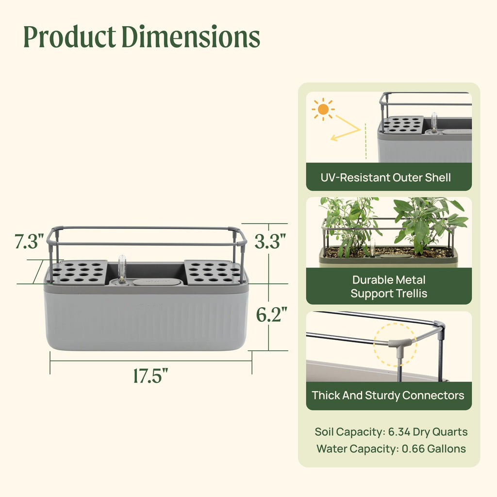 Vego Garden Herb Indoor Plant Box, Self Watering Planters Pots for Indoor Plants with Trellis for Kitchen Window Sill or Countertop Plants Cage - Fog Gray