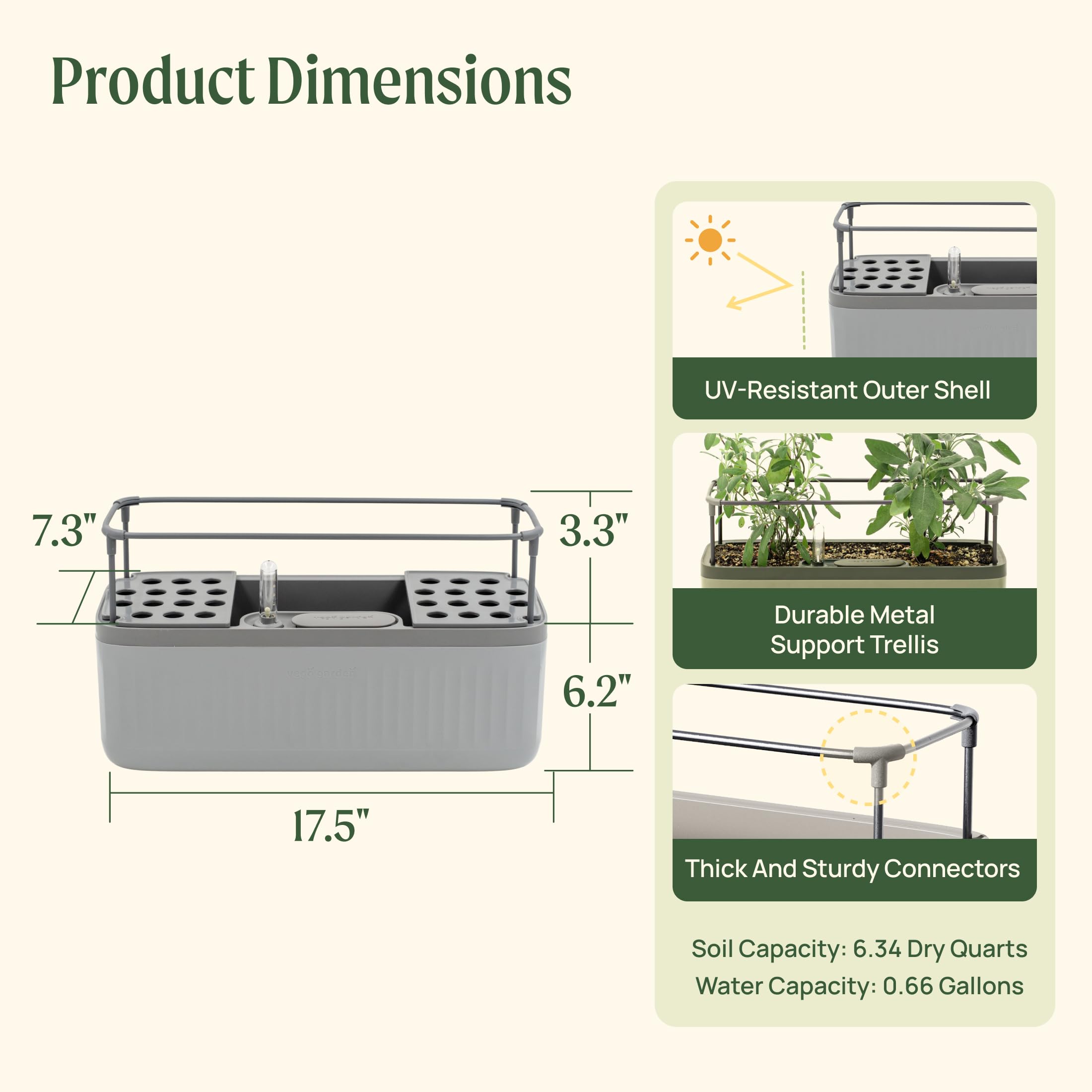 Vego Garden Herb Indoor Plant Box, Self Watering Planters Pots for Indoor Plants with Trellis for Kitchen Window Sill or Countertop Plants Cage - Fog Gray