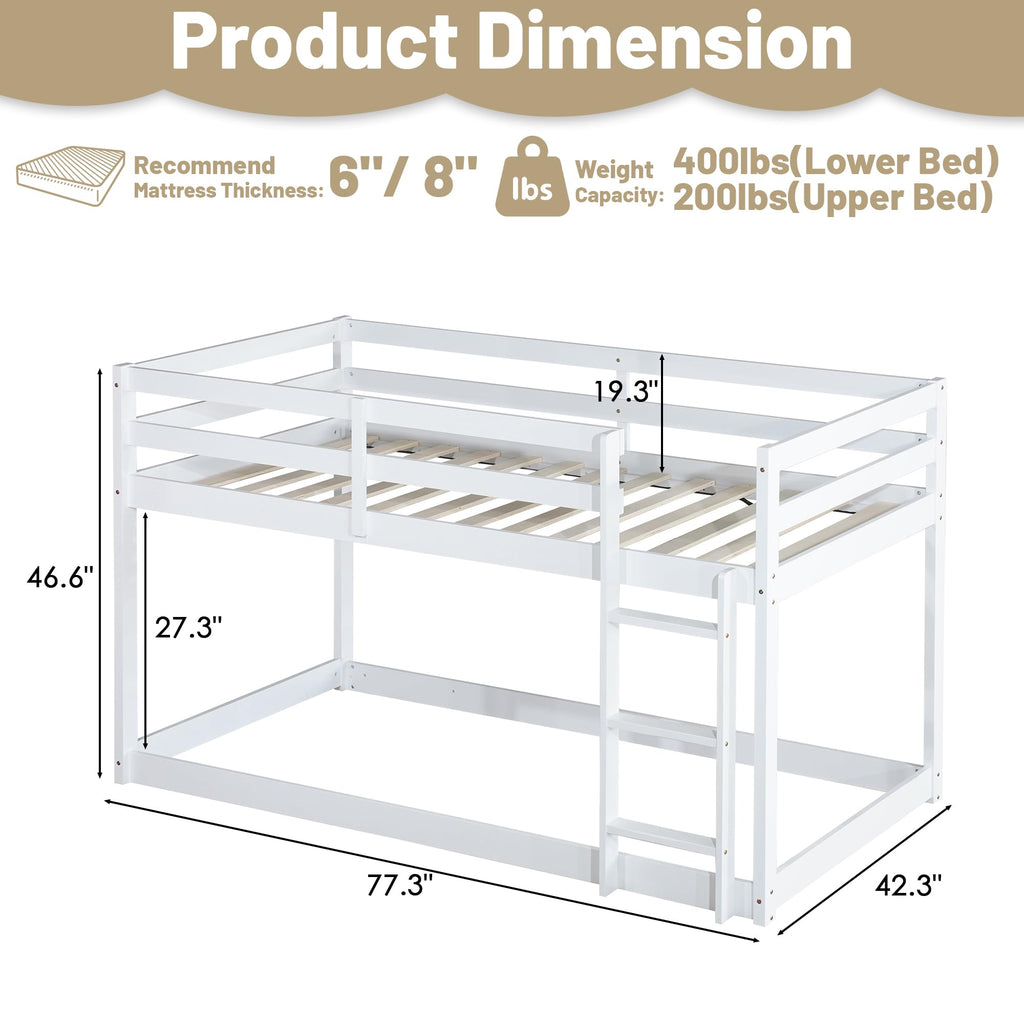 Bunk Bed Twin Over Twin, Wood Low Profile Floor Twin Bunk Beds with Headboard Ladder Guardrails for Kids Boys and Girls, No Box Spring Needed