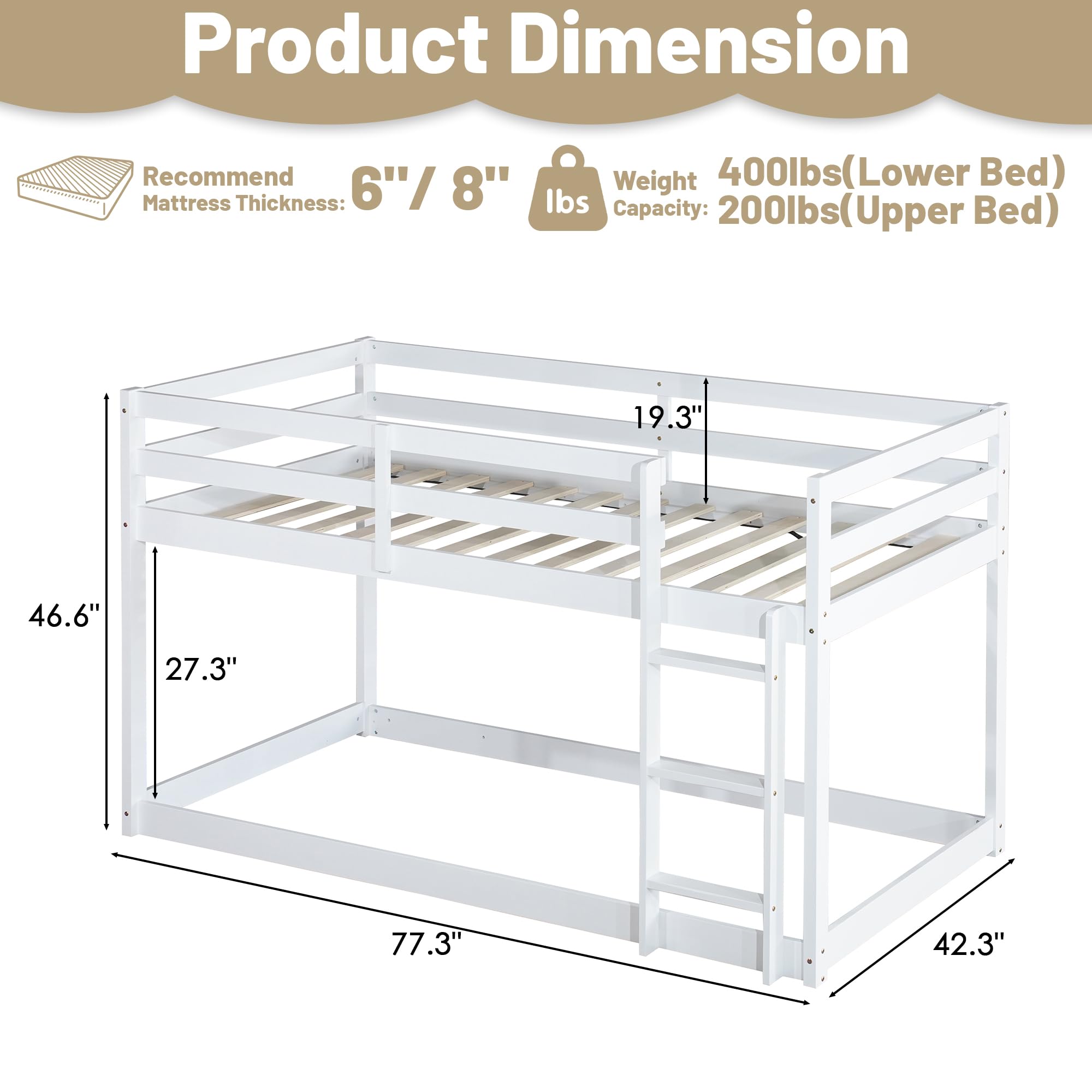 Bunk Bed Twin Over Twin, Wood Low Profile Floor Twin Bunk Beds with Headboard Ladder Guardrails for Kids Boys and Girls, No Box Spring Needed