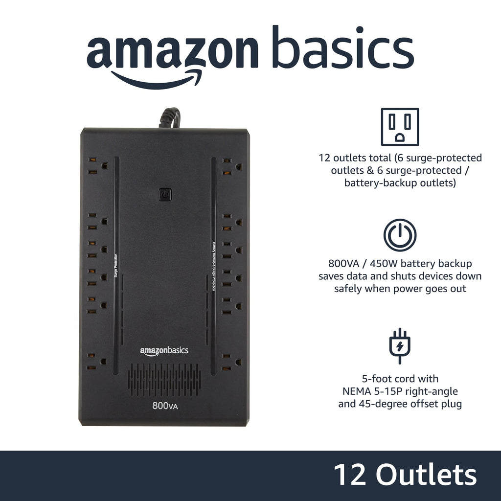 Amazon Basics UPS Battery Backup & Surge Protector, 400VA/255W, 6 Outlets, Uninterruptible Power Supply, Small Compact Size, Black