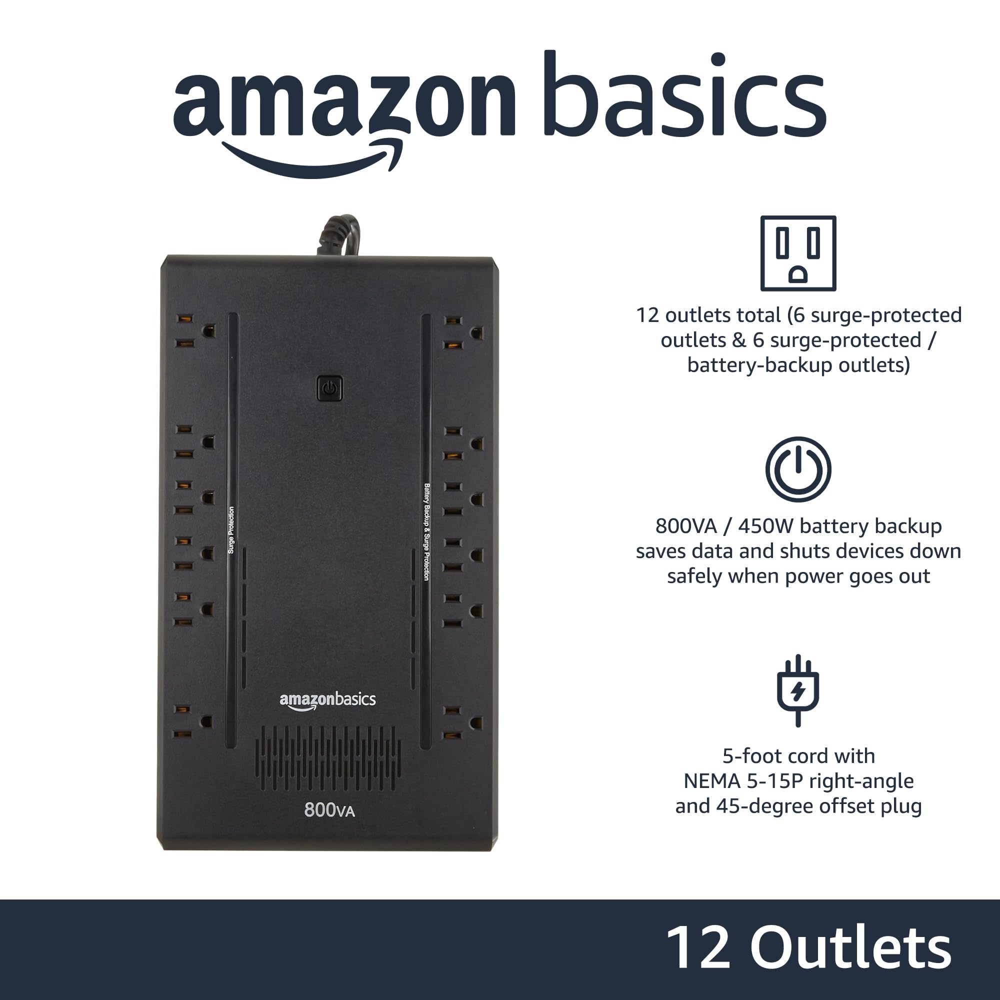 Amazon Basics UPS Battery Backup & Surge Protector, 400VA/255W, 6 Outlets, Uninterruptible Power Supply, Small Compact Size, Black