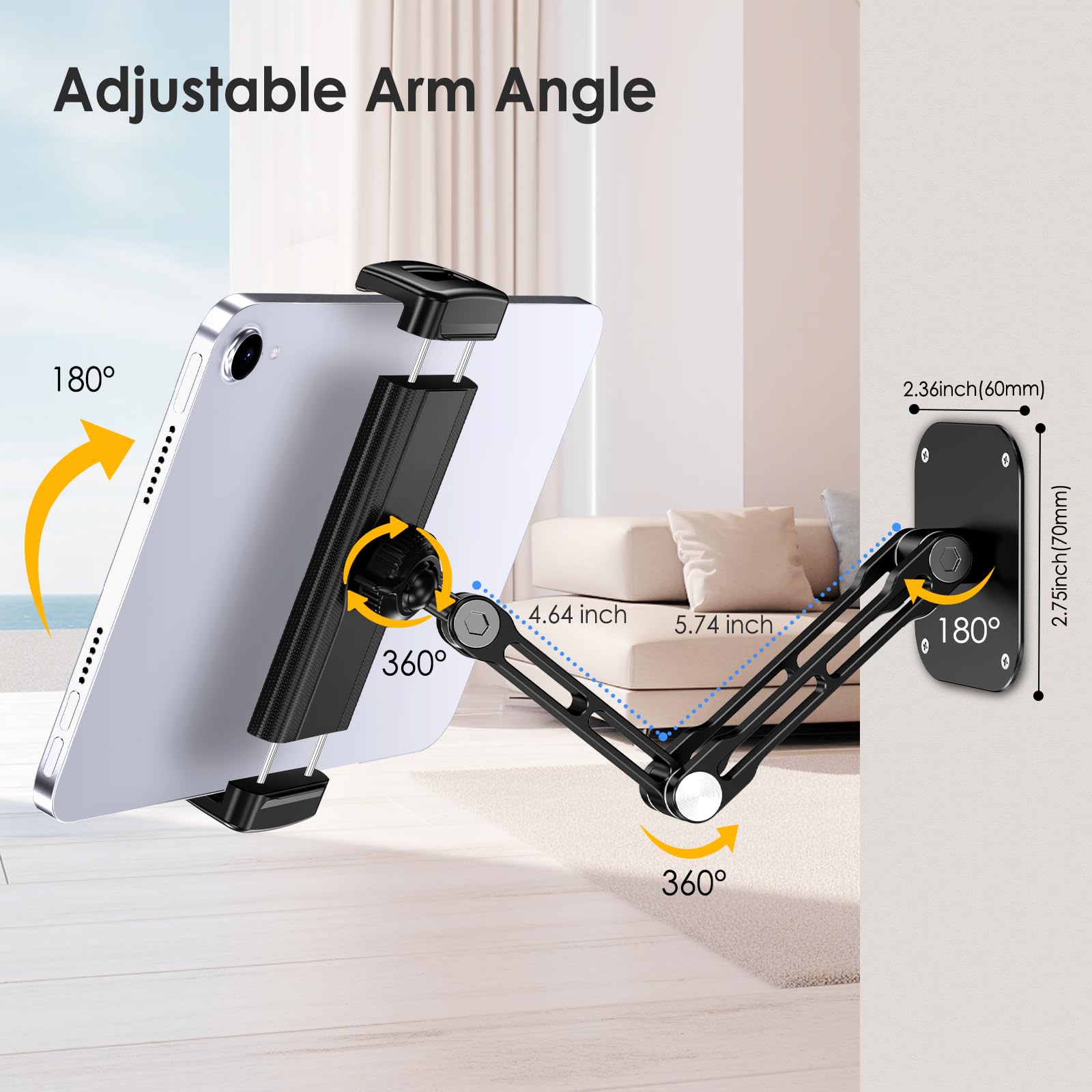 Tablet Wall Mount, Aluminum iPad Wall Mount Holder, 360° Rotation Adjustable Wall Holder Compatible with iPad Pro, Mini, Galaxy Tab, Surface Pro, Kindle, All 4.7-13" Tablets and Phones