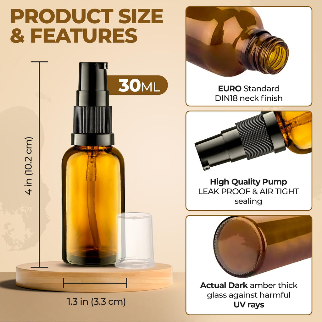 VitalUp Empty Refillable Glass Amber Pump Bottle Ideal for Lotion Cream Essential Oil Travel Small Container - 2 Pack (50ml)