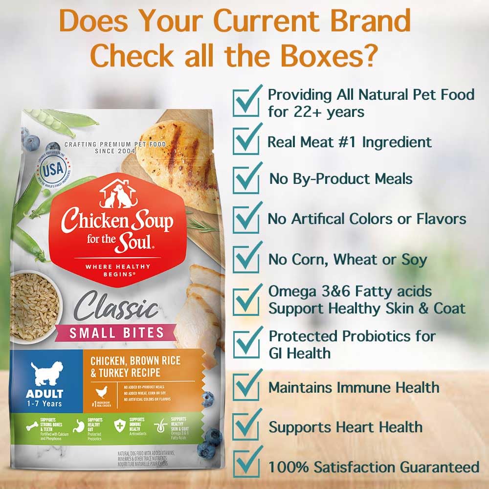 Chicken Soup for The Soul All Natural Premium Small Bites Adult Dry Dog Food, Real Meat First Ingredient, No by-Products, Supports Gut & Immune Health, Beef & Brown Rice, 13.5lb