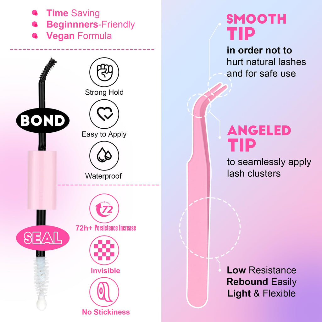 Pawotence Lash Extension Kit DIY 280pcs Individual Lash Clusters Kit 20D&30D Natural 9-15mm Cluster Eyelash Extensions Kit with Lash Bond and Seal, Tweezers for Self Use (20D&30D, 0.07D, 9-15mm, Kit)
