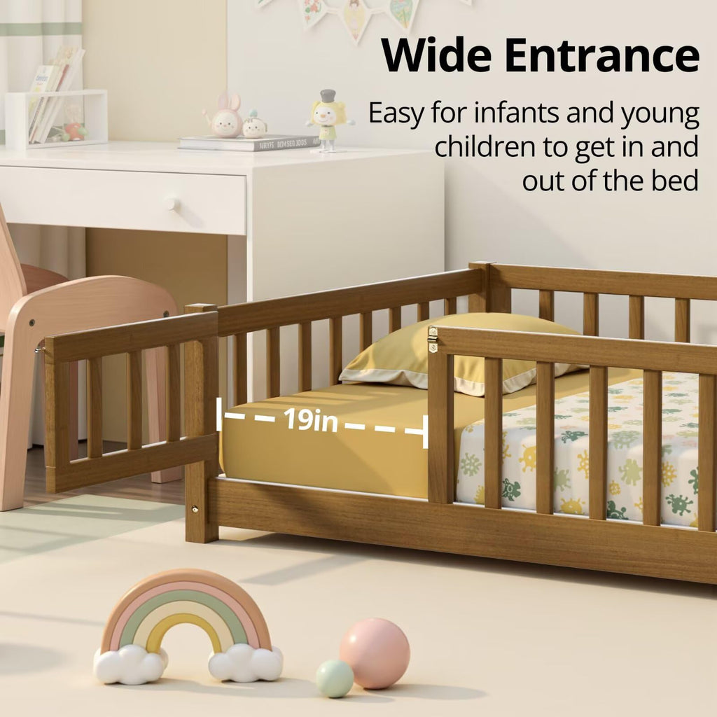 i-POOK Queen Floor Bed for Children, Sturdy Wood Montessori Bed Frame with Wood Slats, High Fence & Small Door for Girls and Boys, Espresso (with Bed Slats)