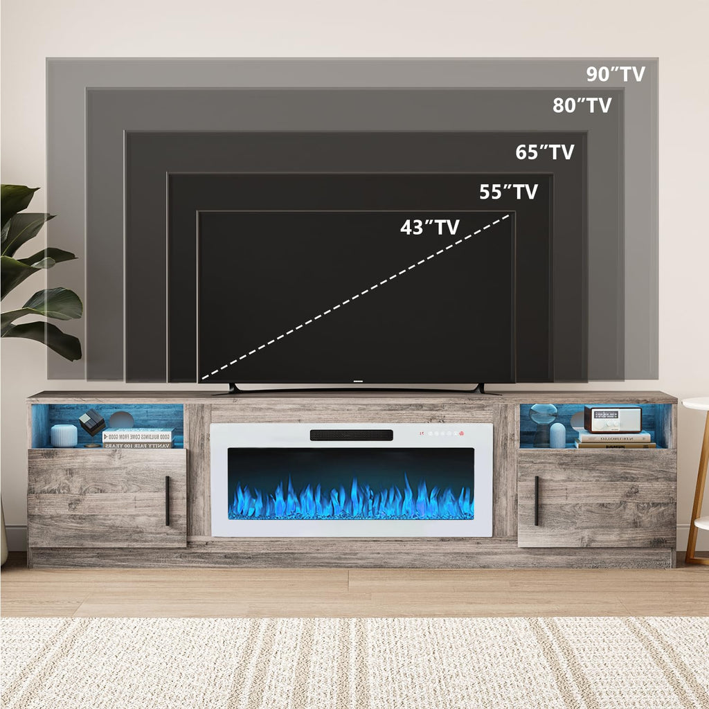 VITESSE 58 Inches Fireplace TV Stand for TVs up to 65 Inches Console with 18'' Electric Fireplace & Remote,Wooden Modern Entertainment Center for Living Room with LED Light Glass Shelves（Bei）