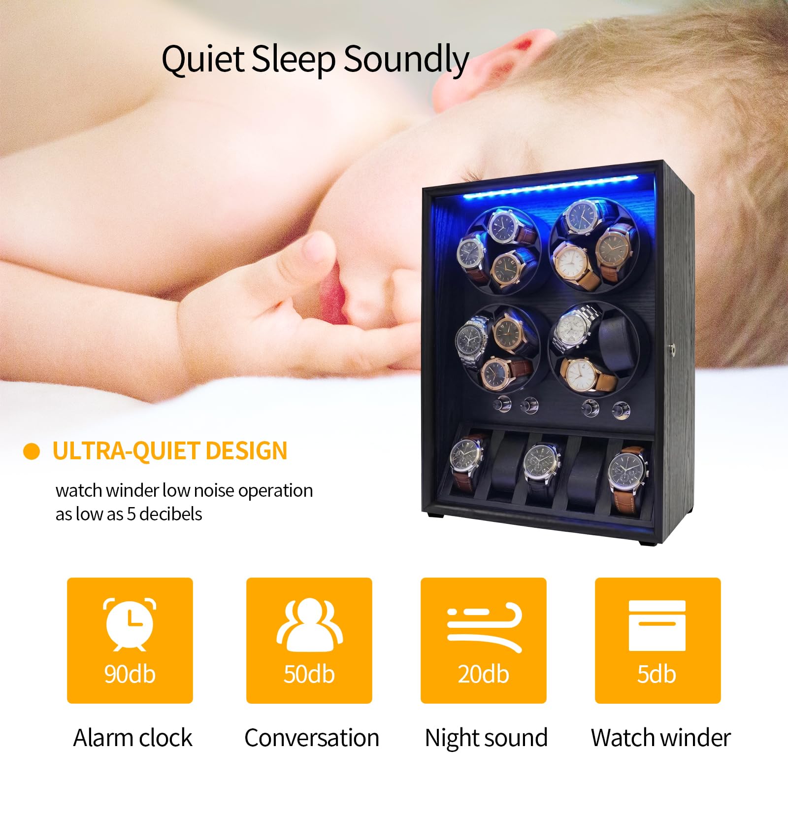 Oryx Watch Winder for 4/6/9 Automatic Watches, Rotating Watch Box 5 Rotation Modes Setting Display Case with Extra Watch Storages and LED Light, Lockable Winders USB Powered Super Quiet Mabuchi Motor