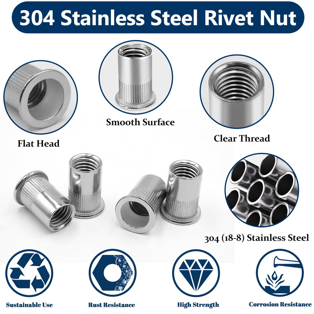 1/2''-13 UNC Rivet Nut, 10Pcs 304 Stainless Steel Flat Head Rivnut Threaded Insert Nutsert