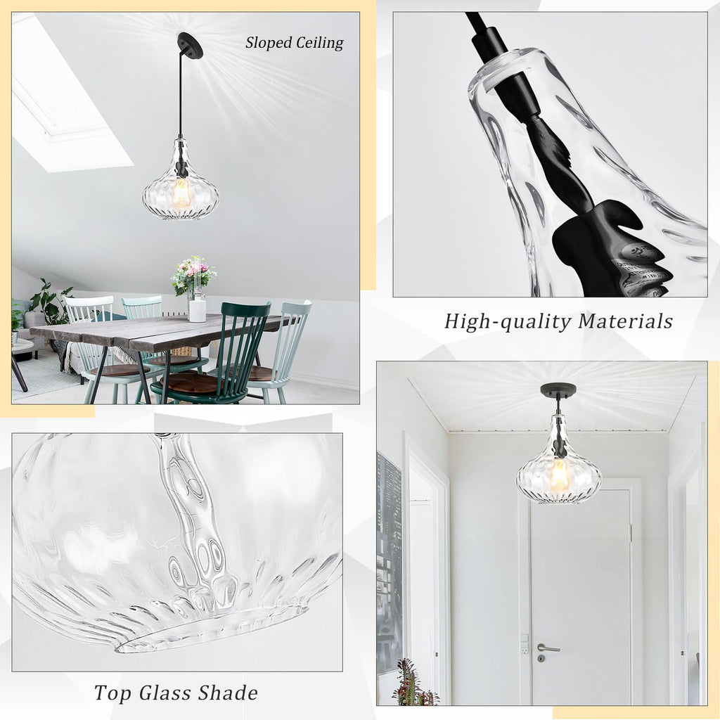 Glass Large Pendant Lights for Kitchen Island Blown Glass Pendant Light Clear Hammered Shade Hanging Ceiling Lights with Black Finish for for Kitchen Island, Sink, Hallway, Living Room 11 inch