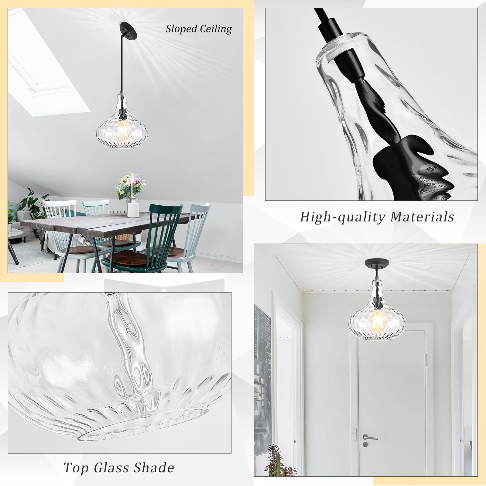 Glass Large Pendant Lights for Kitchen Island Blown Glass Pendant Light Clear Hammered Shade Hanging Ceiling Lights with Black Finish for for Kitchen Island, Sink, Hallway, Living Room 11 inch