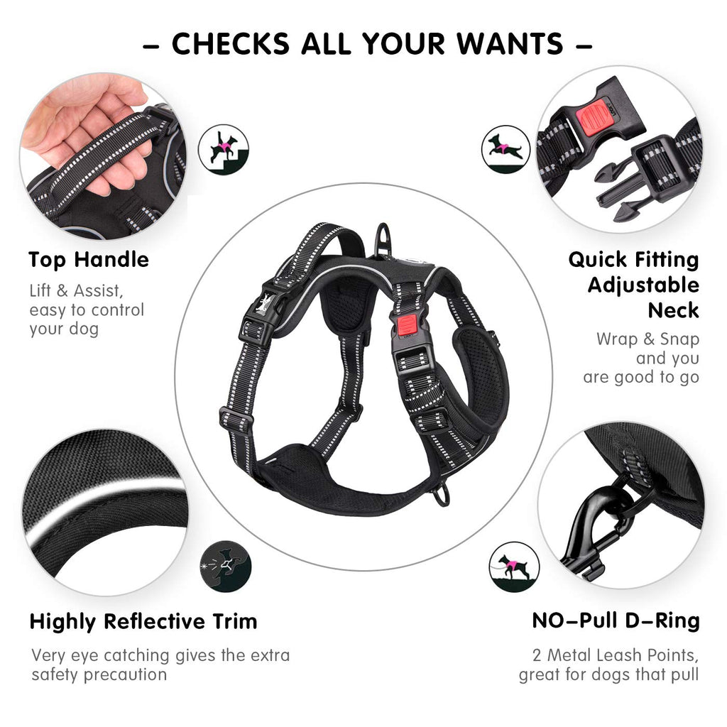 PoyPet Dog Harness No Pull, Reflective Vest Harness with Front & Back 2 Clips and Easy Control Handle for Small Medium Large Dog (XS, Black)