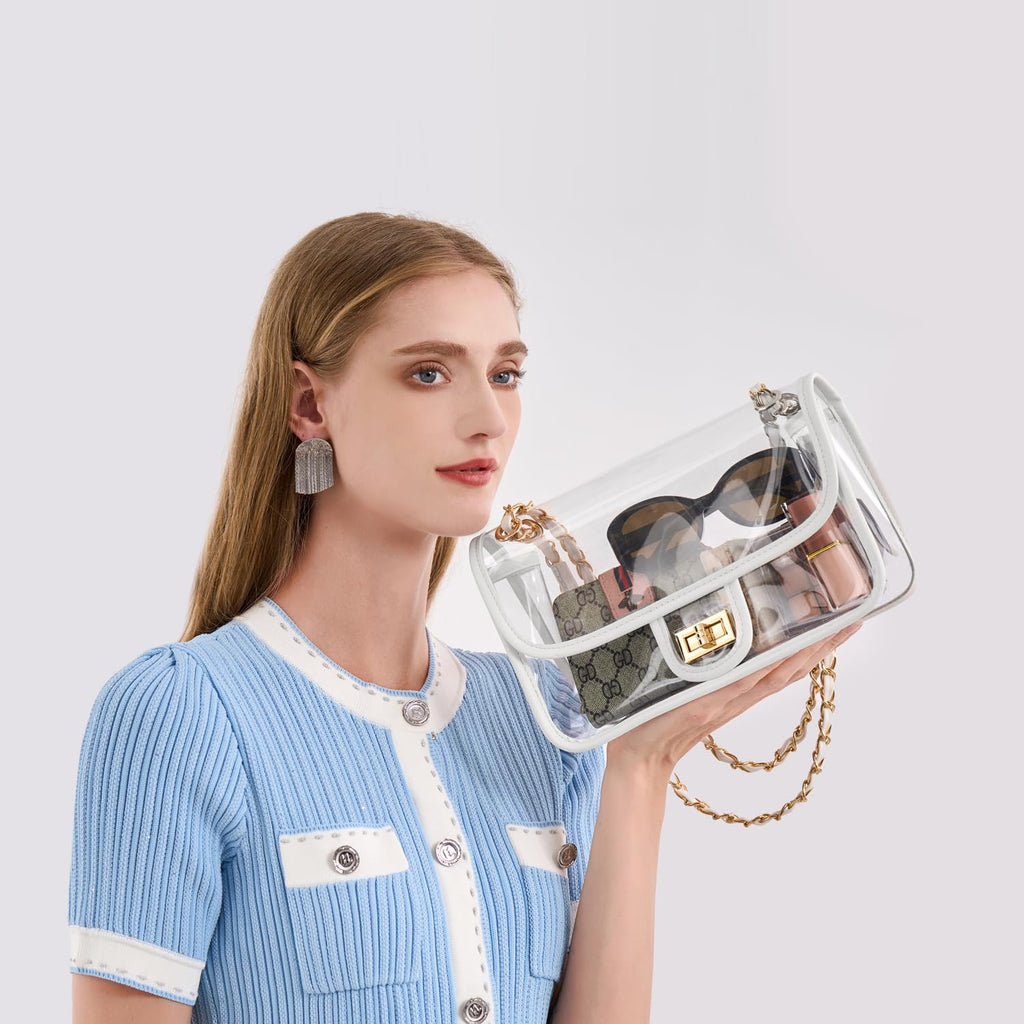 Womens PVC Clear Purse Handbag with Chain Stadium Approved Clear Bag See Through Bag for Working and Concert