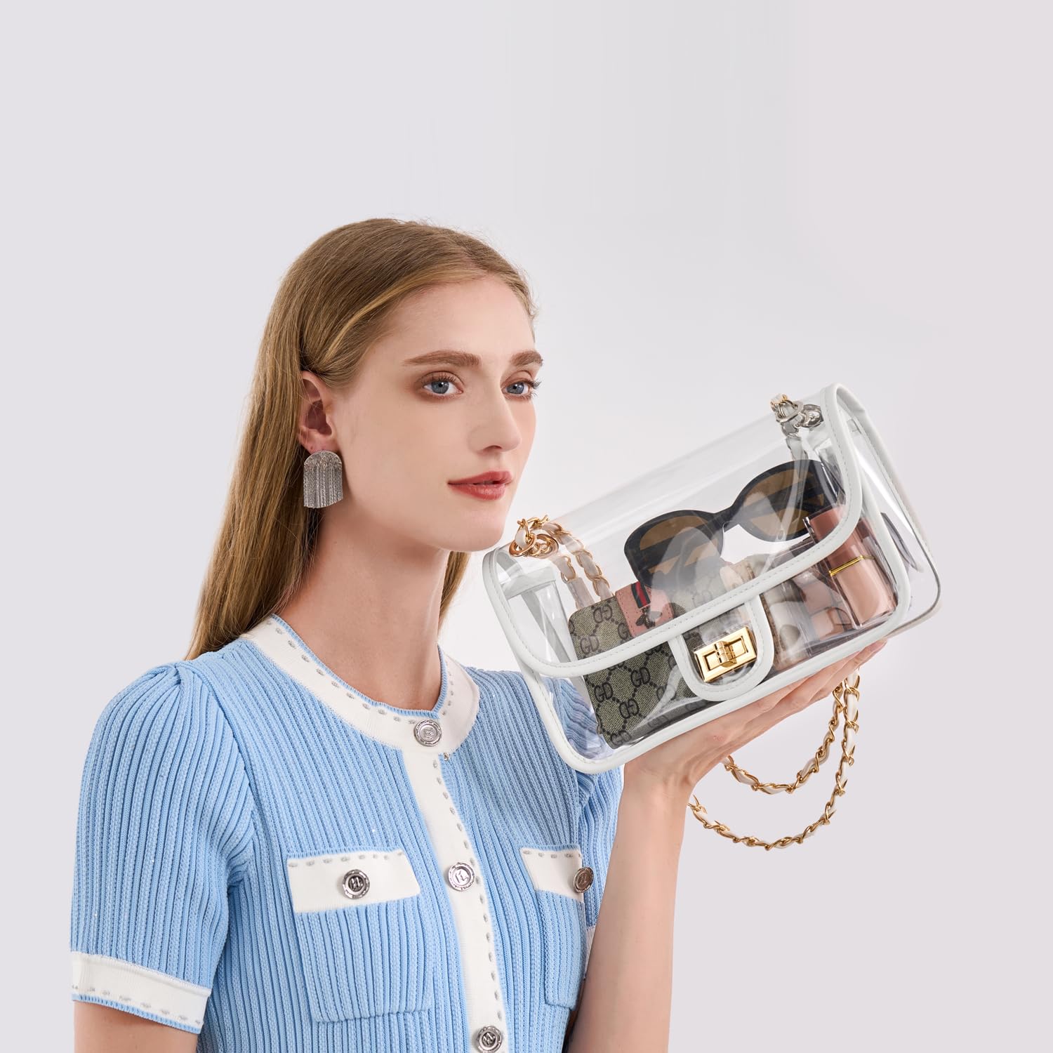 Womens PVC Clear Purse Handbag with Chain Stadium Approved Clear Bag See Through Bag for Working and Concert
