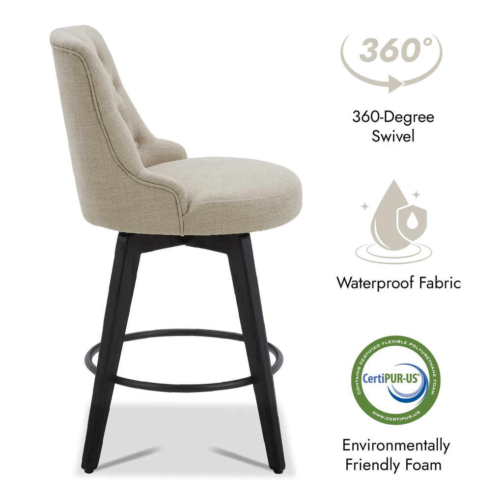 Watson & Whitely Counter Height Bar Stools, Performance Fabric Upholstered Modern Swivel Barstool with Back, Solid Wood Legs, 26" H Seat, Flint Grey