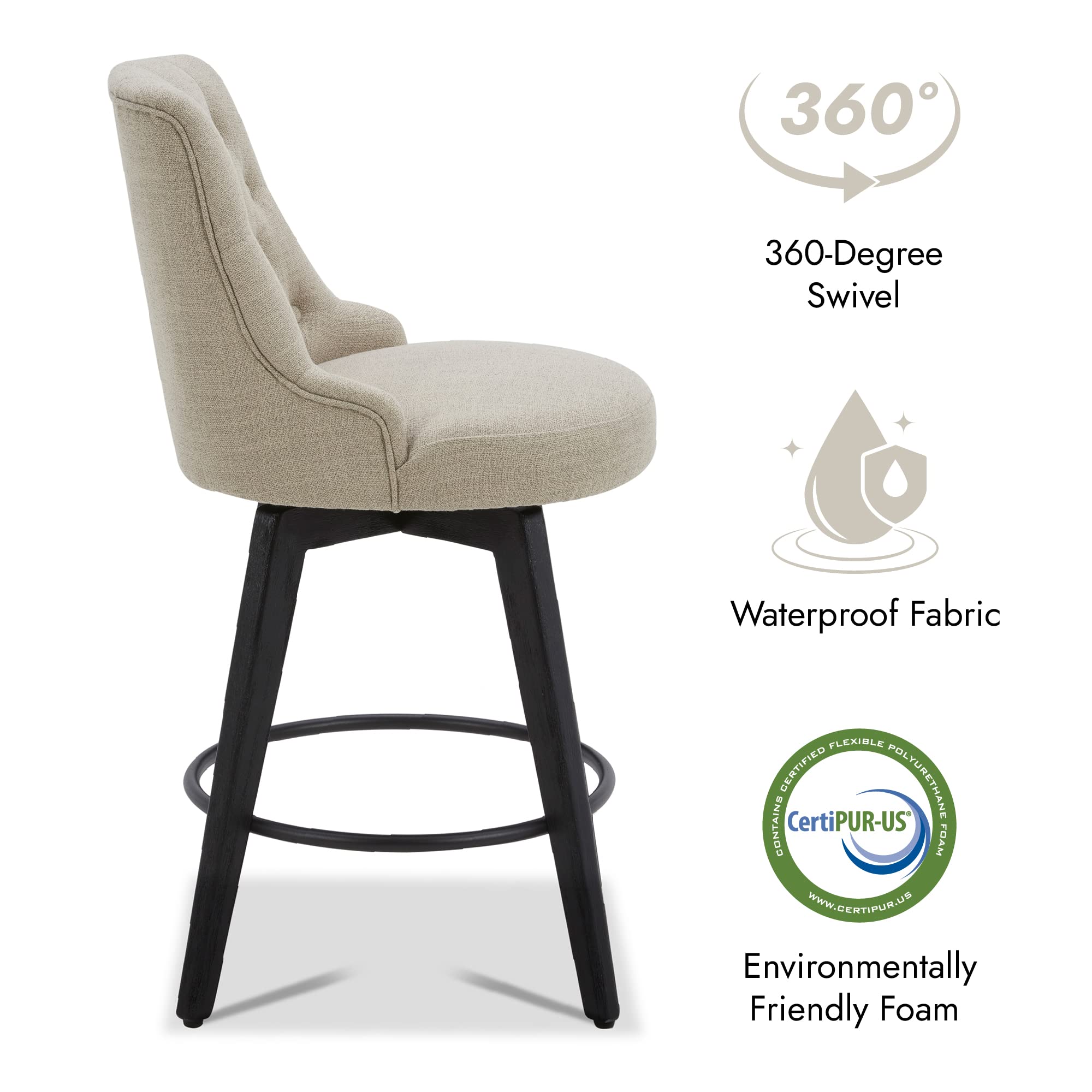 Watson & Whitely Counter Height Bar Stools, Performance Fabric Upholstered Modern Swivel Barstool with Back, Solid Wood Legs, 26" H Seat, Flint Grey