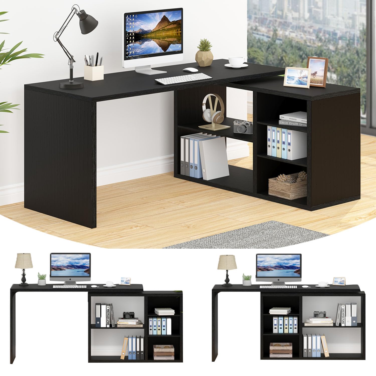 HSH Black L Shaped Computer Desk, Corner Desk with Storage Cabinet Shelves, Reversible Industrial Wood Executive Workstation, L-Shaped Home Office Table for Work Study Writing Gaming, 55 Inch