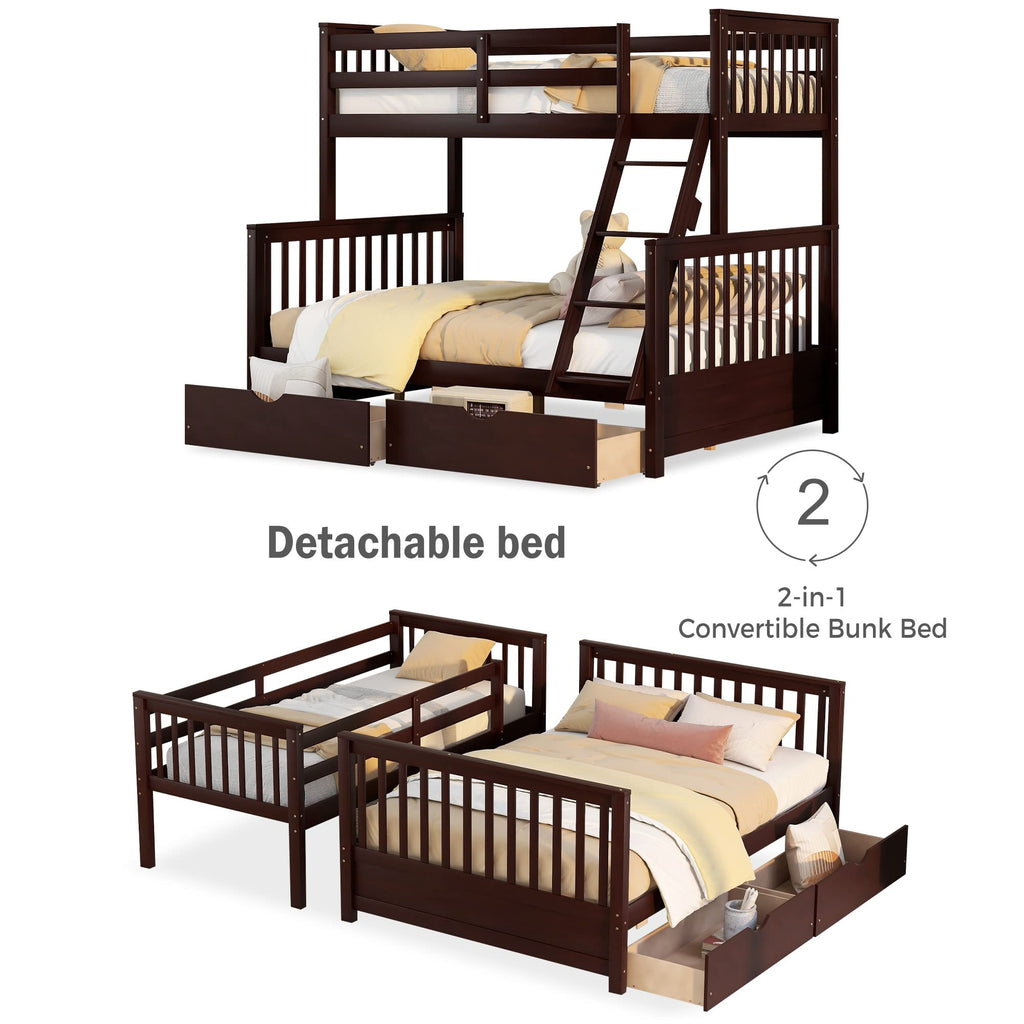 Merax Wood Bunk Bed with Two Drawers,Convertible Wood Bunk Bed with Ladders and Two Storage Drawers,Solid Wood Detachable Bed Frame with Ladders, Twin Over Full Size, Espresso
