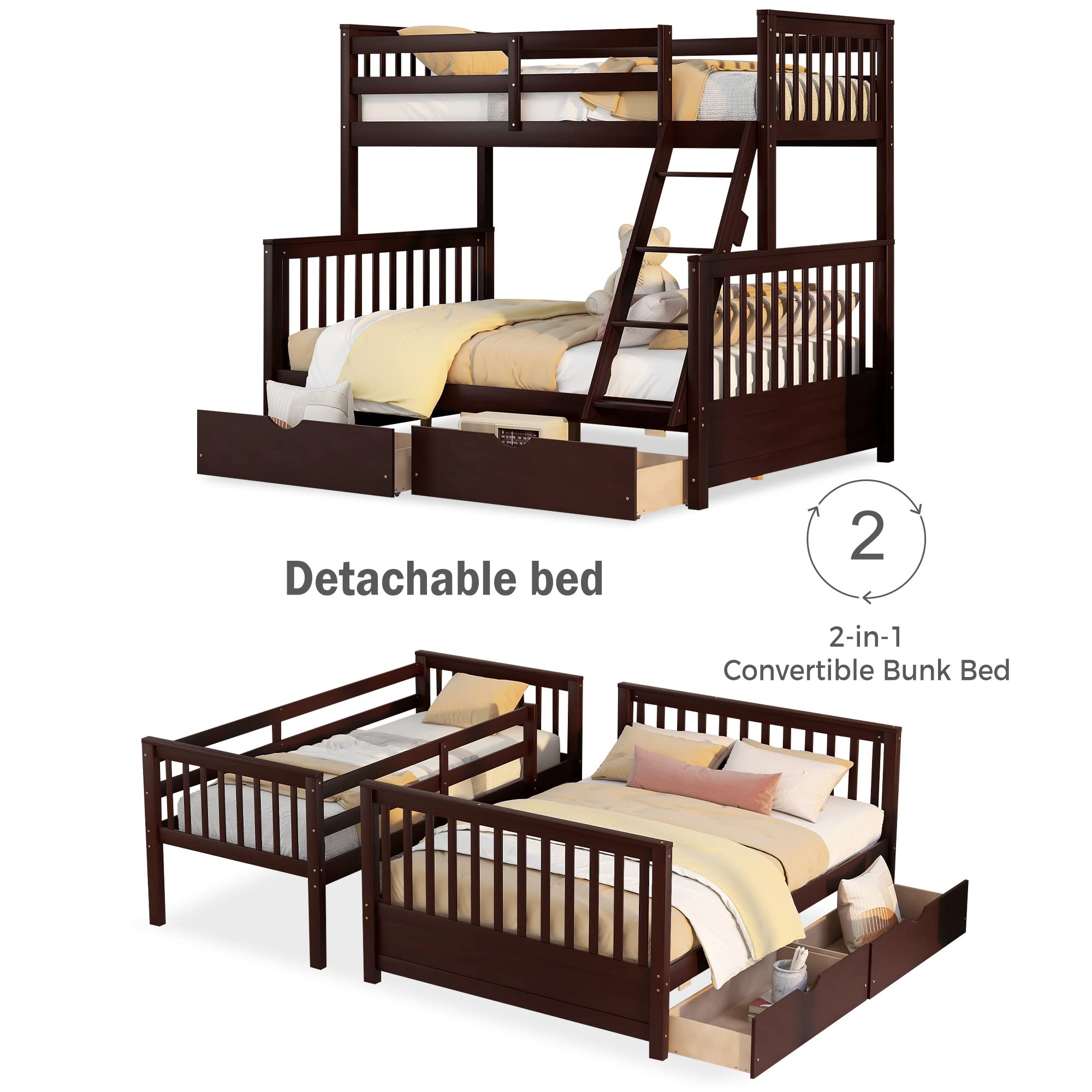 Merax Wood Bunk Bed with Two Drawers,Convertible Wood Bunk Bed with Ladders and Two Storage Drawers,Solid Wood Detachable Bed Frame with Ladders, Twin Over Full Size, Espresso