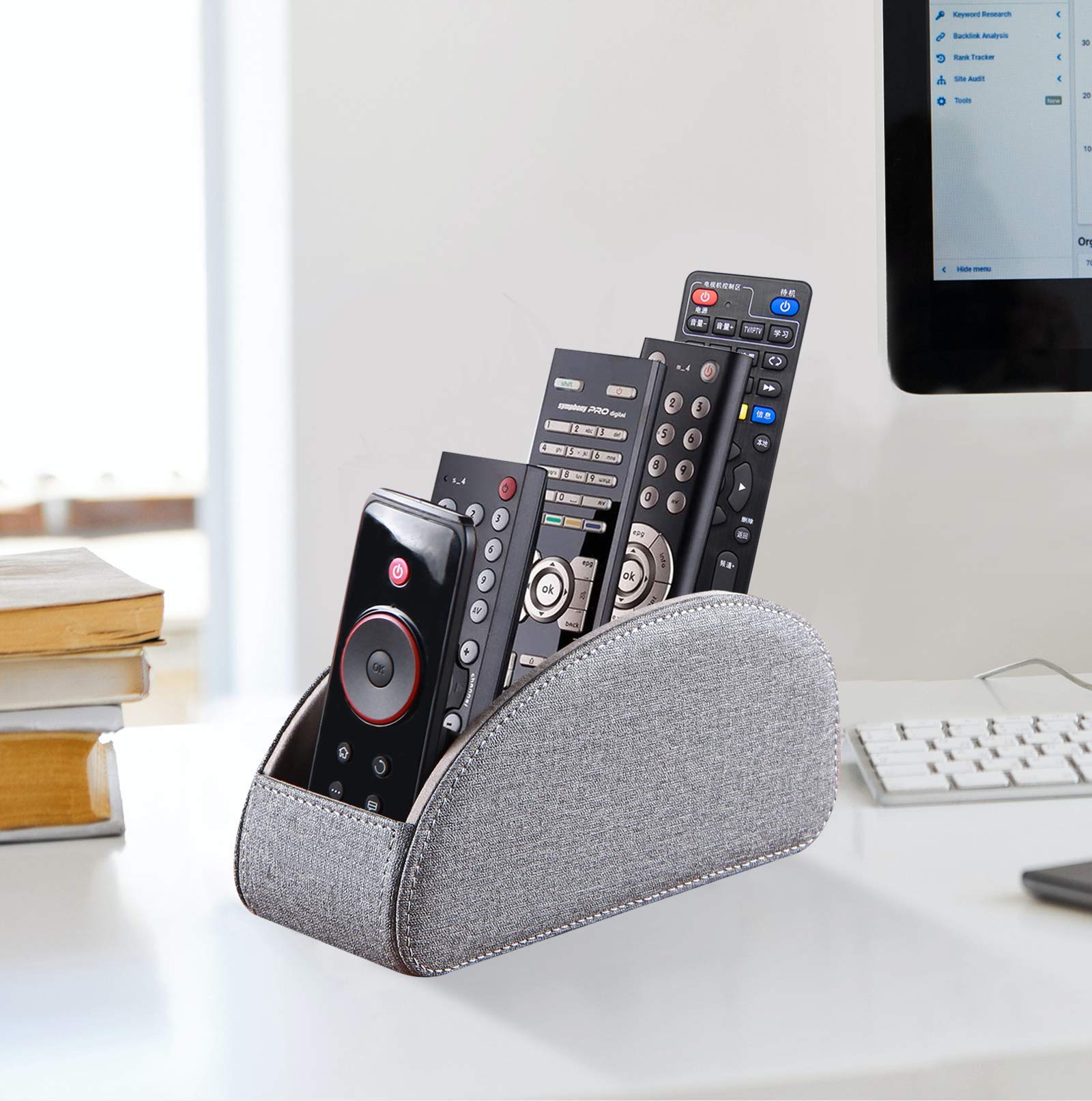YAPISHI All-in-One Leather Brown TV Remote Holder with 5 Compartments Nightstand Desktop Media Player Remote Caddy Storage Box Organizer Tray for Mobile Office Phone Controller