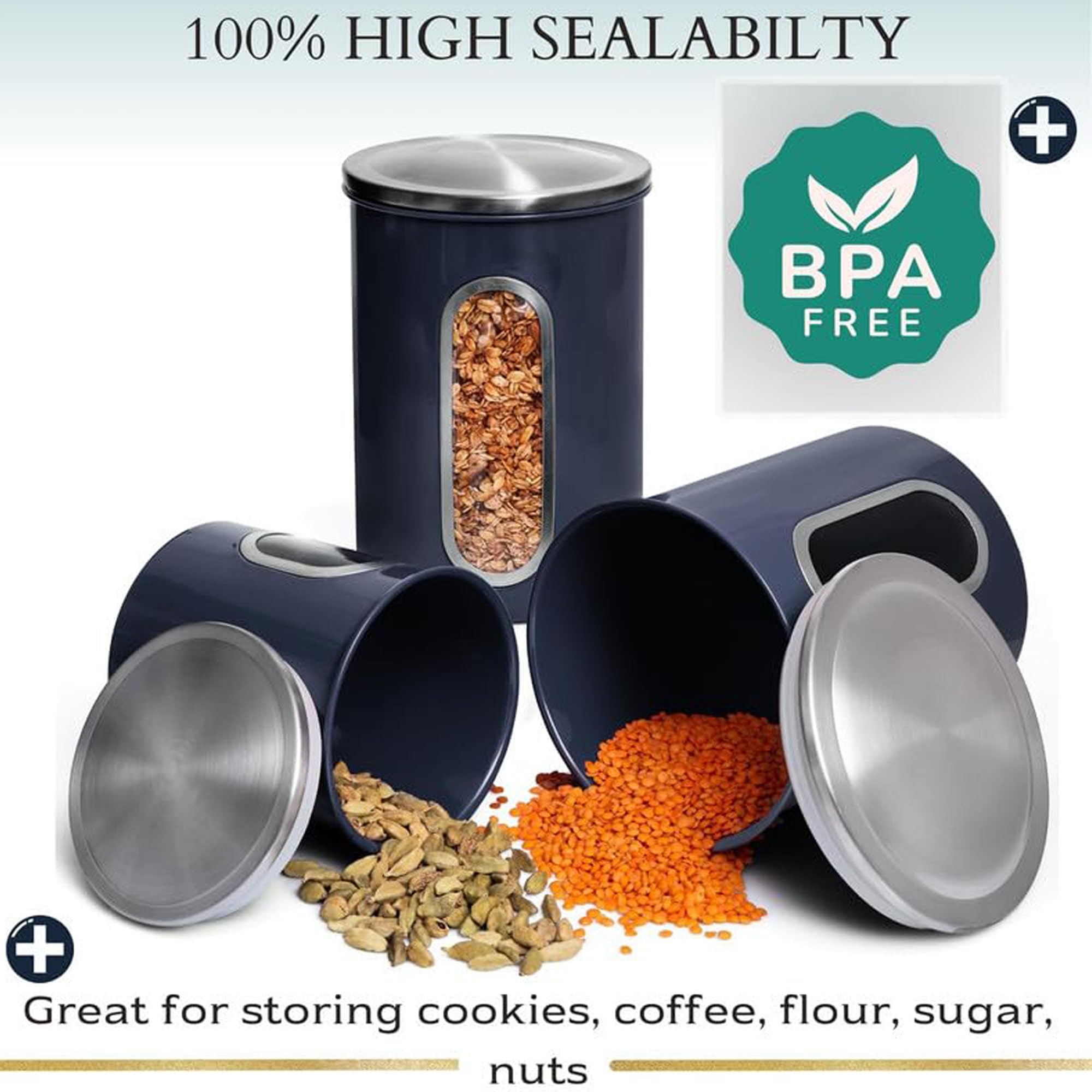 Mixpresso 3-Piece Aqua Blue Canisters Sets For The Kitchen, Airtight Canister Set With See Through Window, Storage Jars for Coffee Container, Tea Organizer & Sugar Canister, Kitchen Canisters