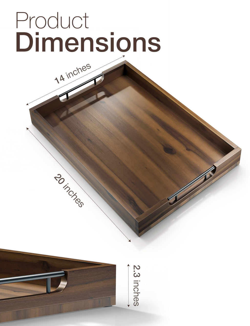 TIDITA 20 x 14 Inch Large Ottoman Tray for Living Room – Large Wooden Tray for Ottoman , Decorative Serving Tray with Handles, for Coffee Table, Kitchen Counter & Home Decor
