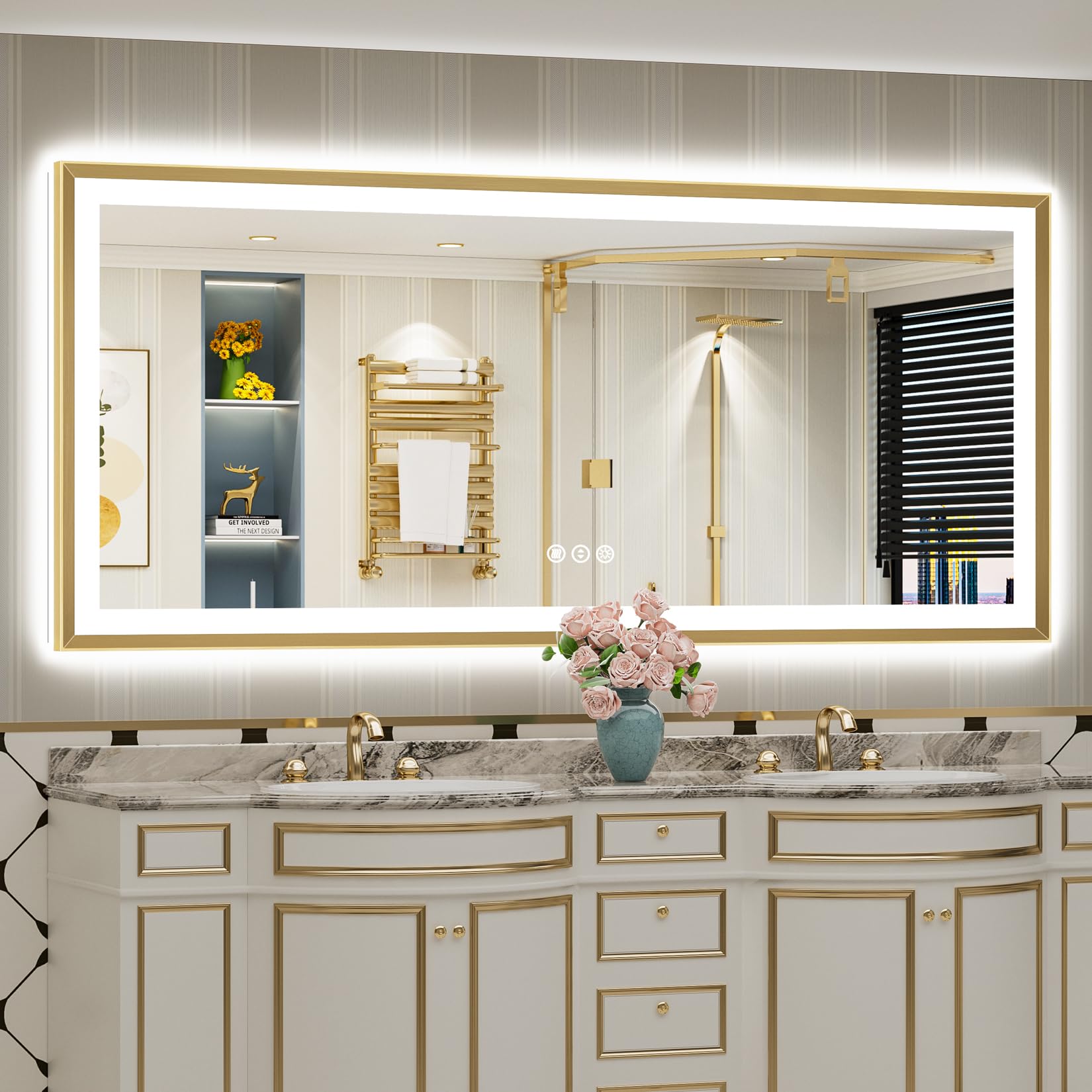 24x36 Gold Beveled LED Bathroom Mirror with Lights, Brushed Gold Framed Backlit and Front Lit Anti-Fog Lighted Vanity Mirrors for Bathroom Wall, Dimmable, 3 Colors, Memory, HD Tempered Glass