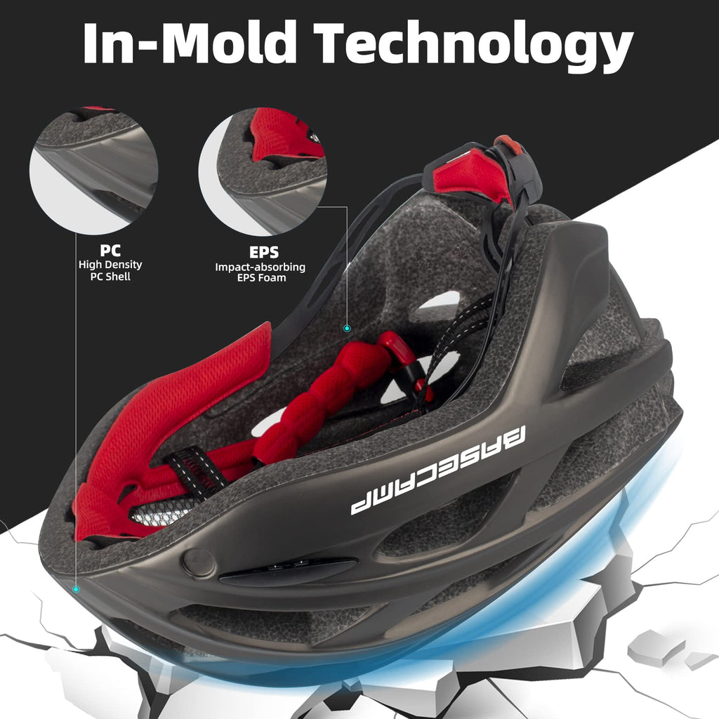 Bike Helmet, Basecamp Bicycle Helmet with Rear Light & Detachable Magnetic Goggles Lightweight Cycling Helmet Adjustable for Adult Men Women Mountain & Road (BC-069)