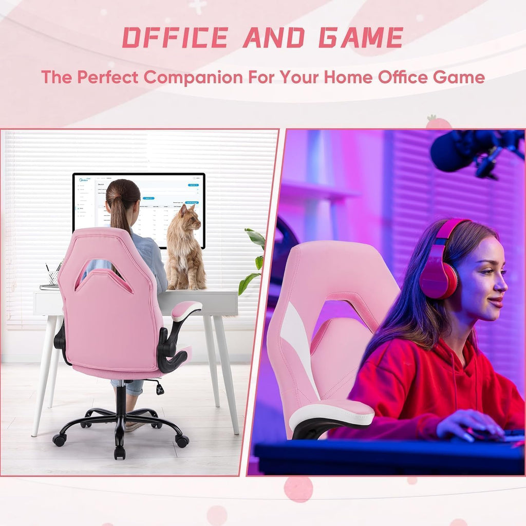 OLIXIS Computer Gaming Desk Chair - Ergonomic Video Game with Comfy Lumbar Support and headrest, PU Leather with Flip-up Arms, Adjustable Height and Swivel Wheels, for Adults, Black
