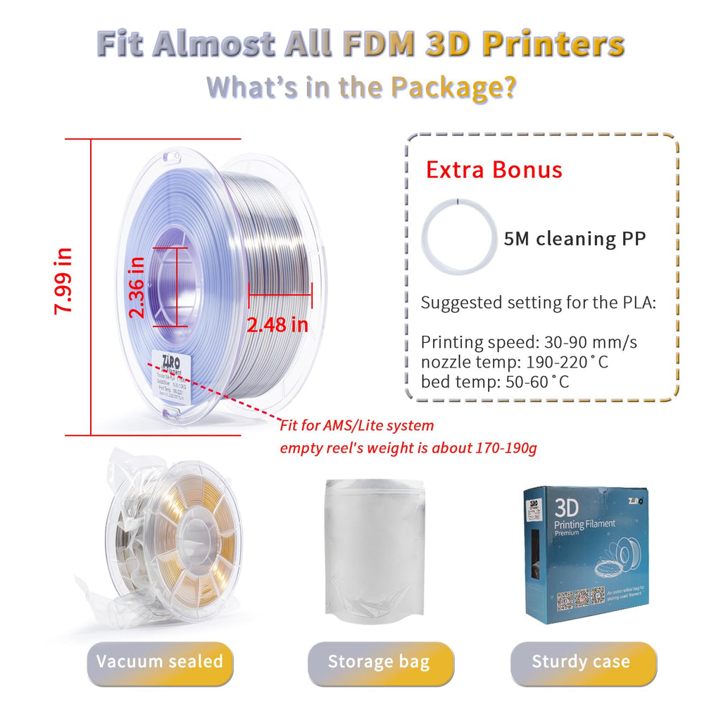 ZIRO Fast Color Change PLA, 1.75mm Color Gradient Filament, Glossy Rainbow PLA Filaments, Fit Most 3D Printer Pen, Shiny Surface 1KG/2.2lbs Spool, Aqua Sky (Silk)