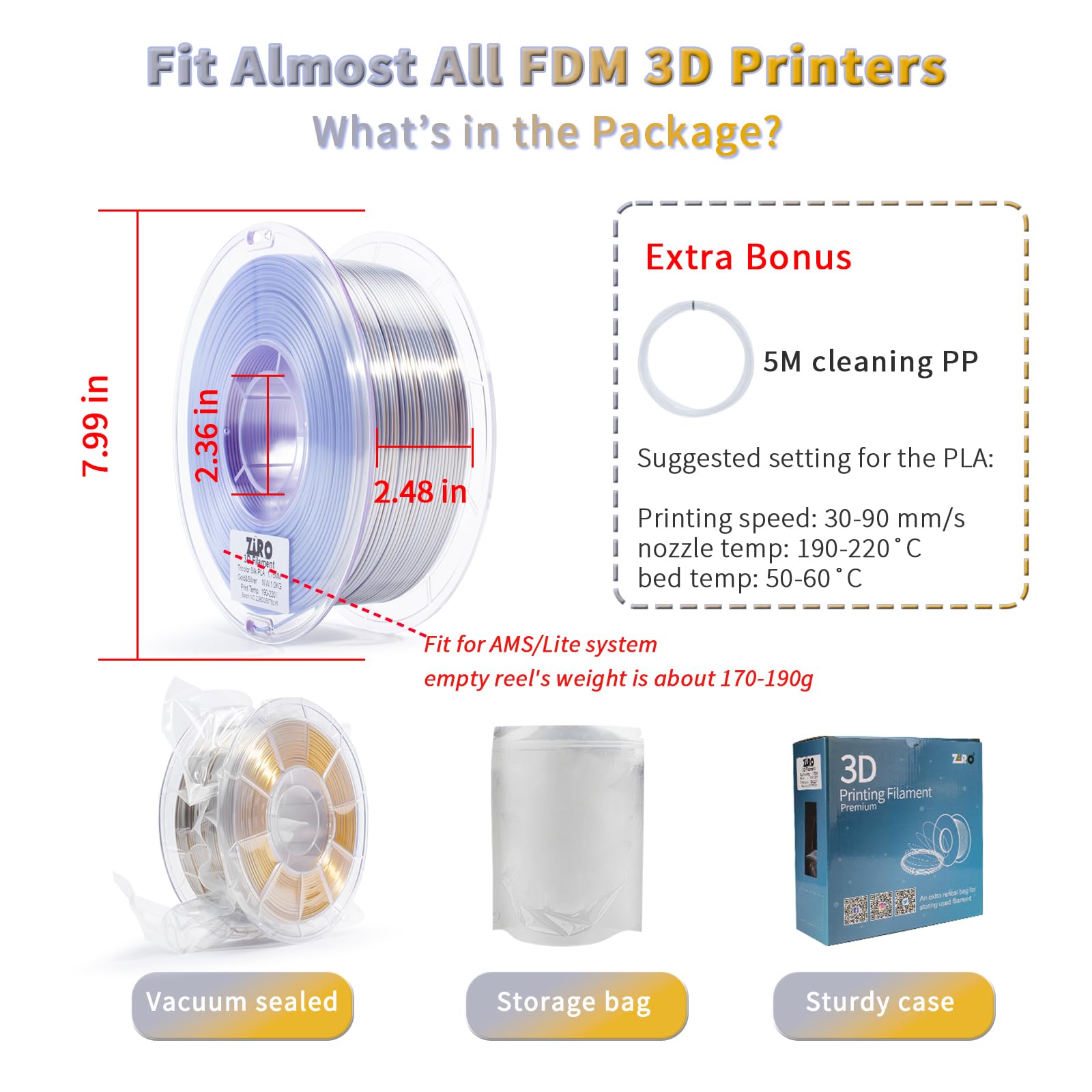 ZIRO Fast Color Change PLA, 1.75mm Color Gradient Filament, Glossy Rainbow PLA Filaments, Fit Most 3D Printer Pen, Shiny Surface 1KG/2.2lbs Spool, Aqua Sky (Silk)