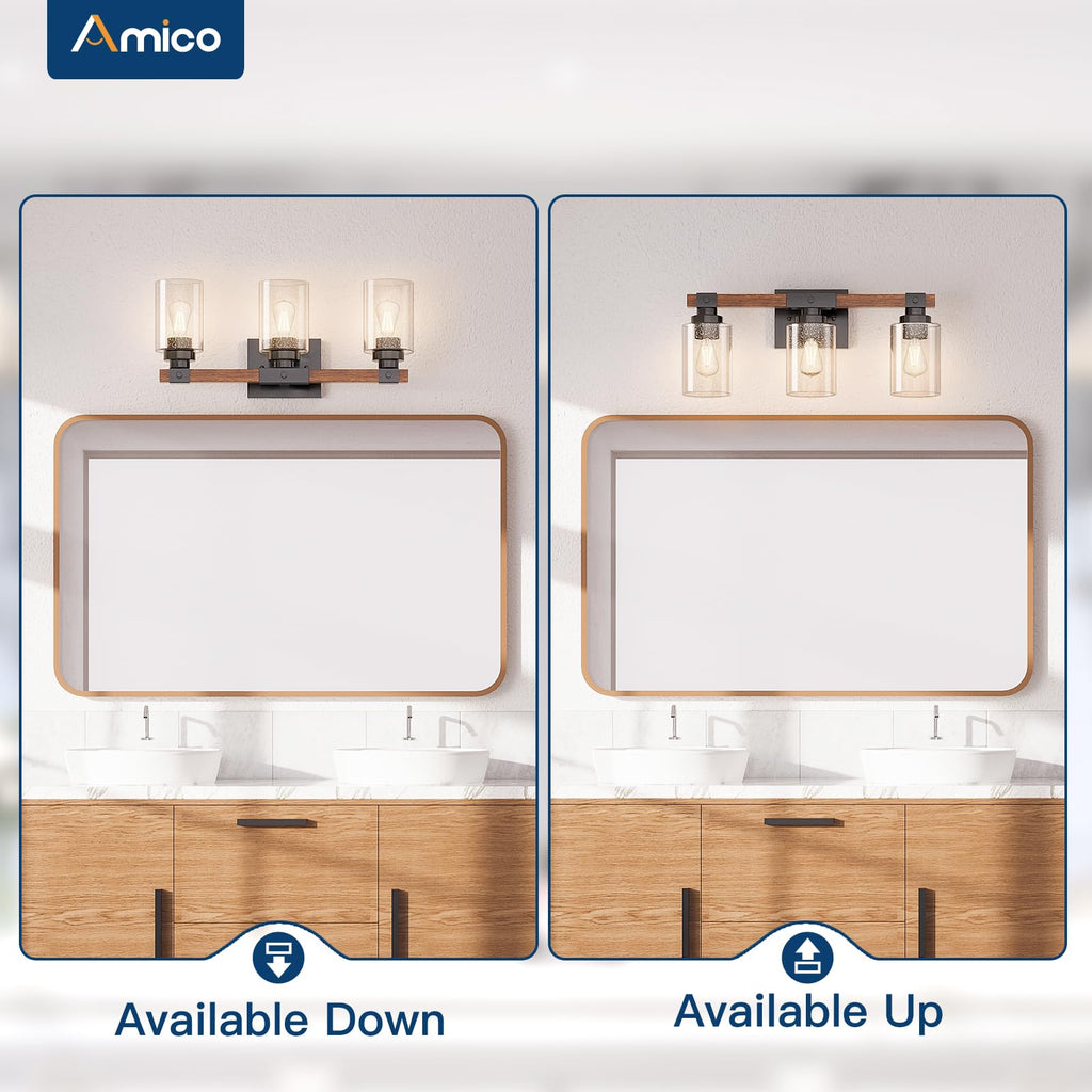 Amico 3-Light Farmhouse Vanity Light Fixture, Rustic Wood Bathroom Light Fixtures, Industrial Vintage Black Wall Sconces Lights with Bubble Glass Shade for Mirror, Bedroom, Living Room, Hallway