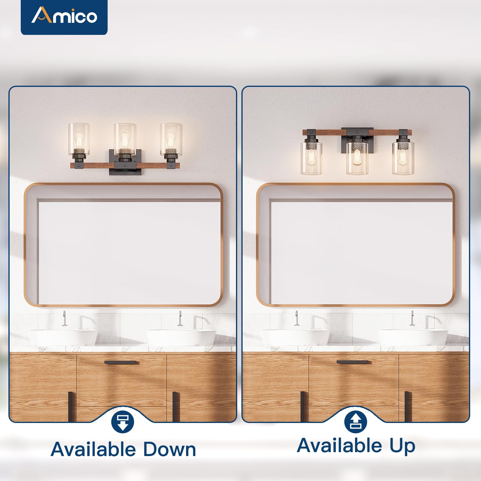 Amico 3-Light Farmhouse Vanity Light Fixture, Rustic Wood Bathroom Light Fixtures, Industrial Vintage Black Wall Sconces Lights with Bubble Glass Shade for Mirror, Bedroom, Living Room, Hallway