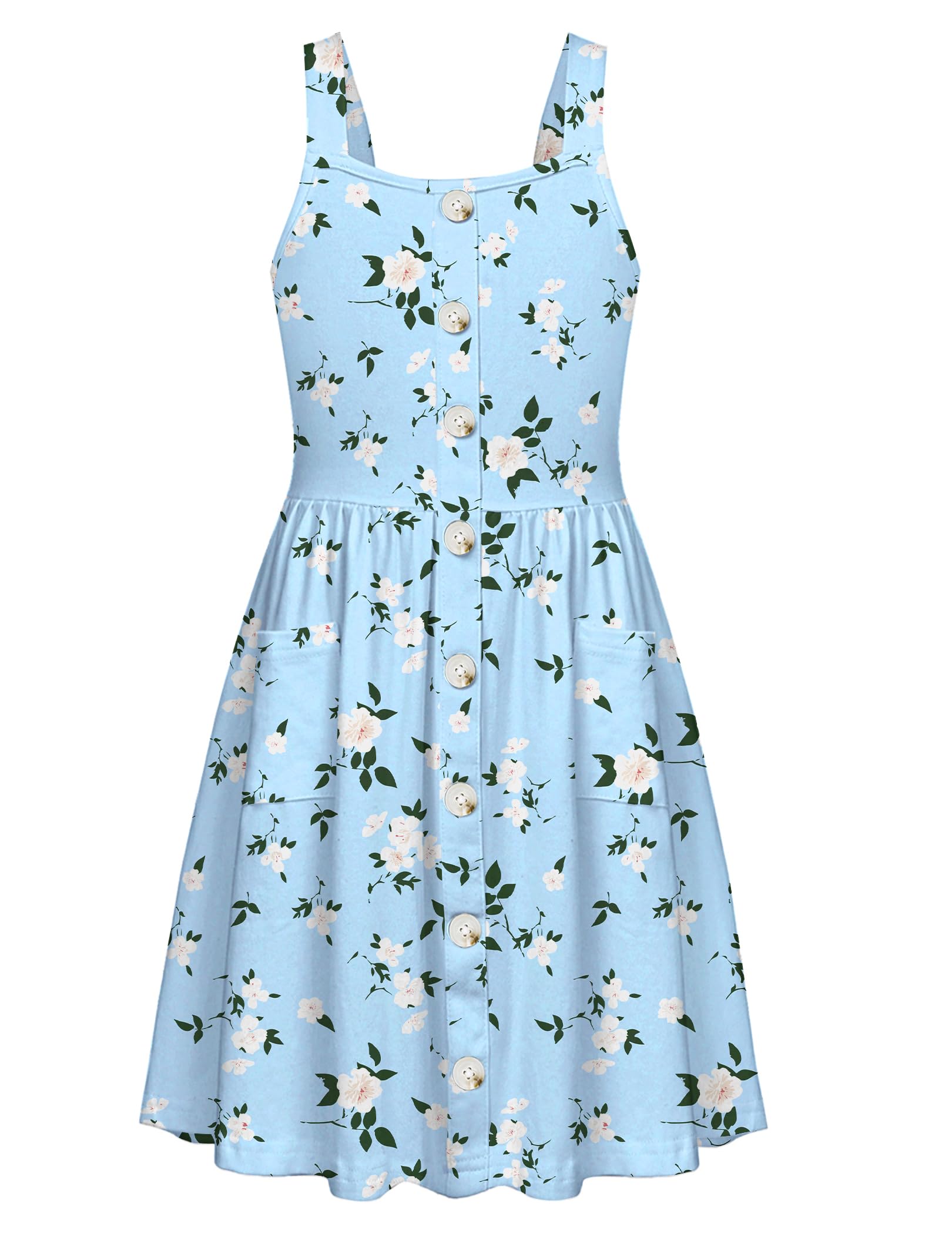 Arshiner Girl's Spaghetti Strap Button Down Midi Sleeveless Summer Casual Sundress A-line Dress with Pockets