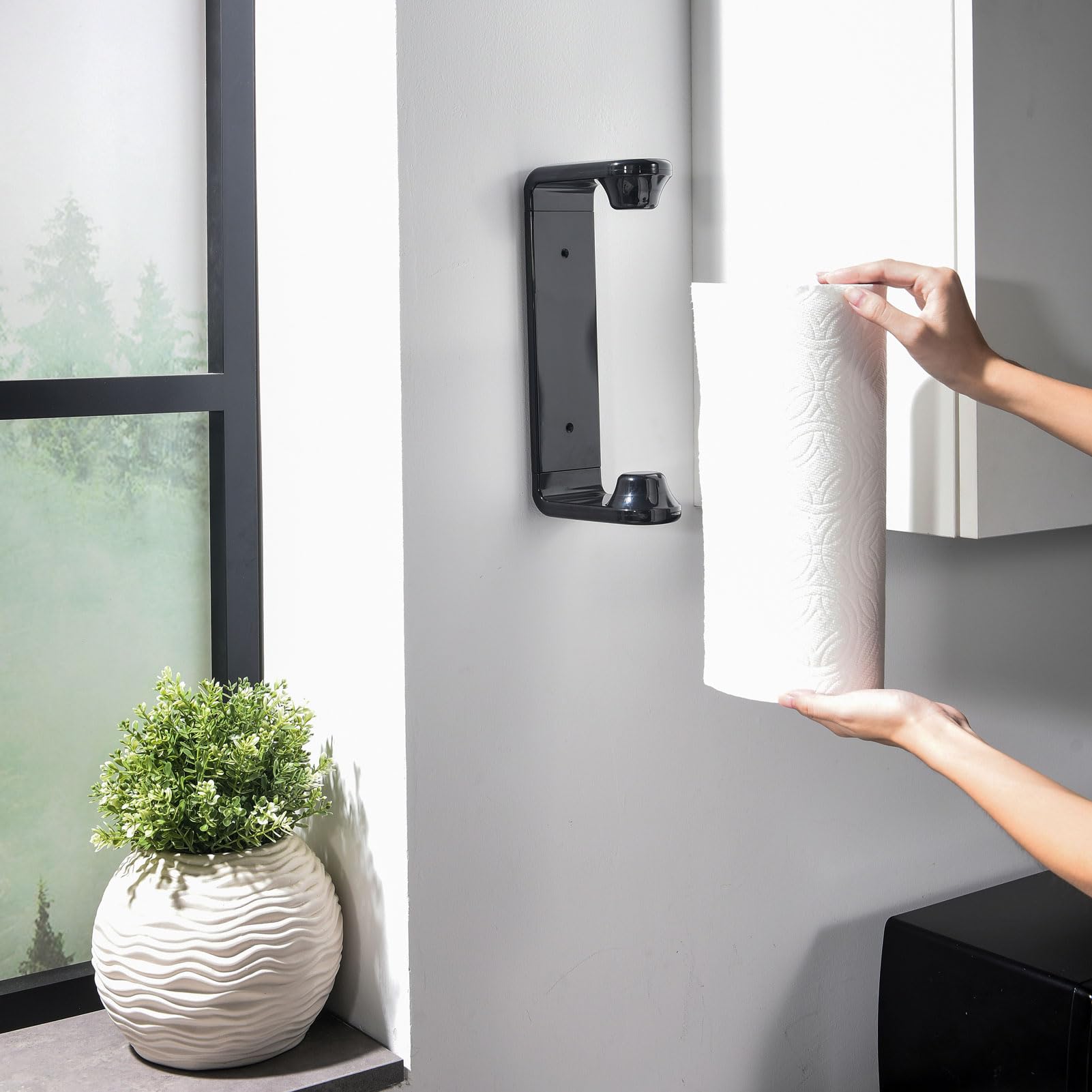 simpletome Paper Towel Holder ONE Hand Tear Adaptive Tension Arm Adjustable Length 9.4-11inch/24-28cm (Black) | adaptive adjustable tension arm | tear one/more sheets at one time | adhesive or drilling | abs plastic | easy to replace