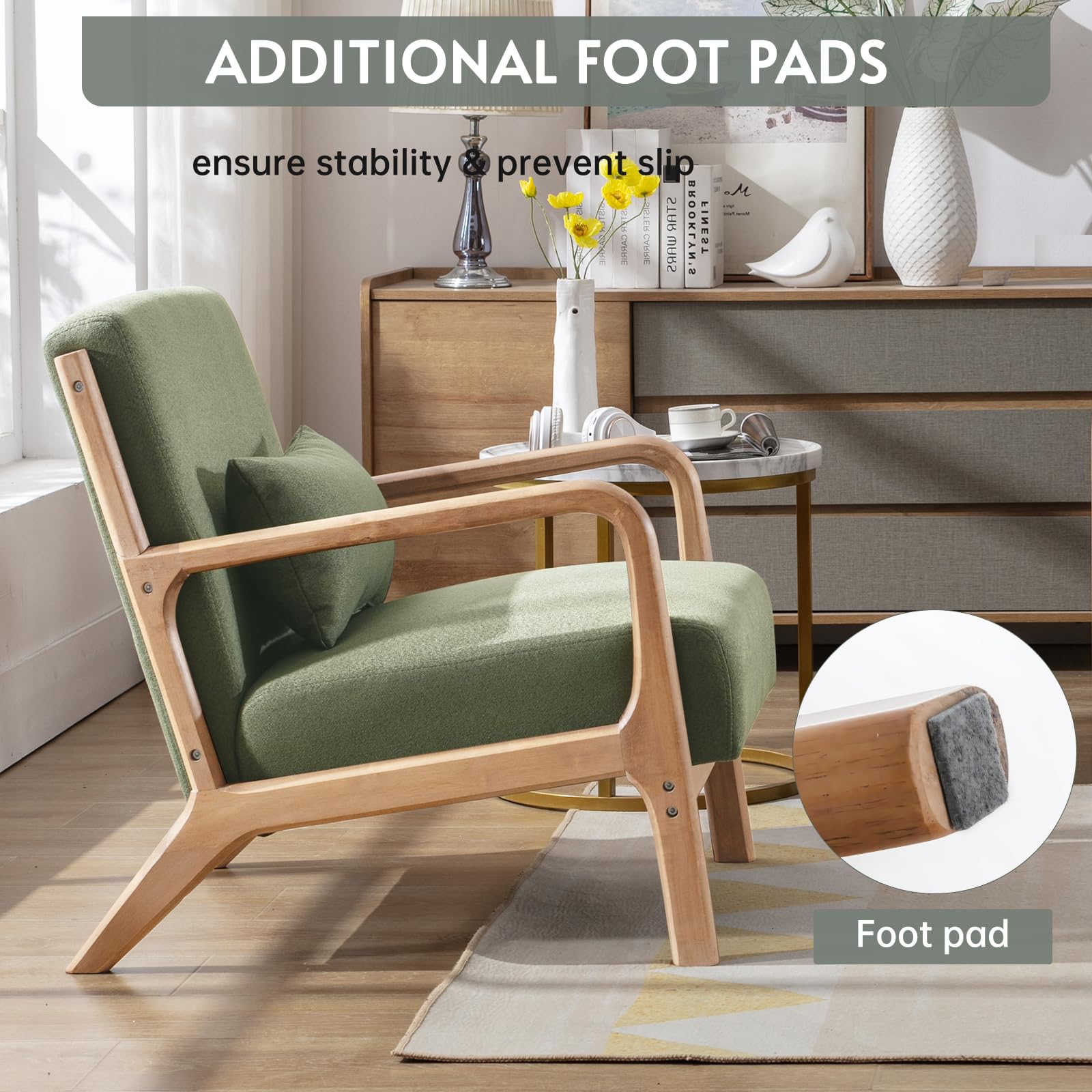 ANJ Mid Century Modern Accent Chair, Comfy Fabric Living Room Chairs with Solid Wood Frame, Lounge Reading Armchair, Easy Assembly, Beige