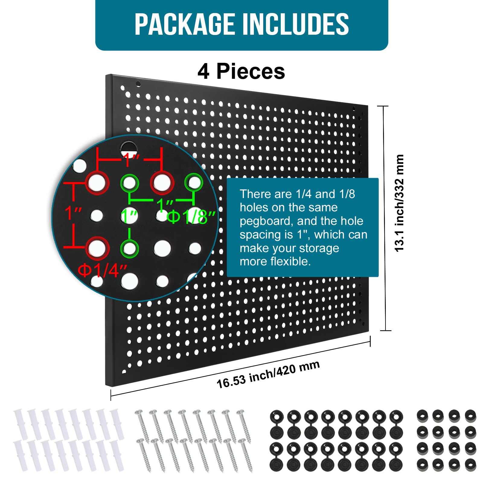 Peg Board,Steel Organization Panels, Ideal for Garage Tool Storage, Office Organization, Craft Room, Kitchen,Pack of 4 (Black, 4-12X12)