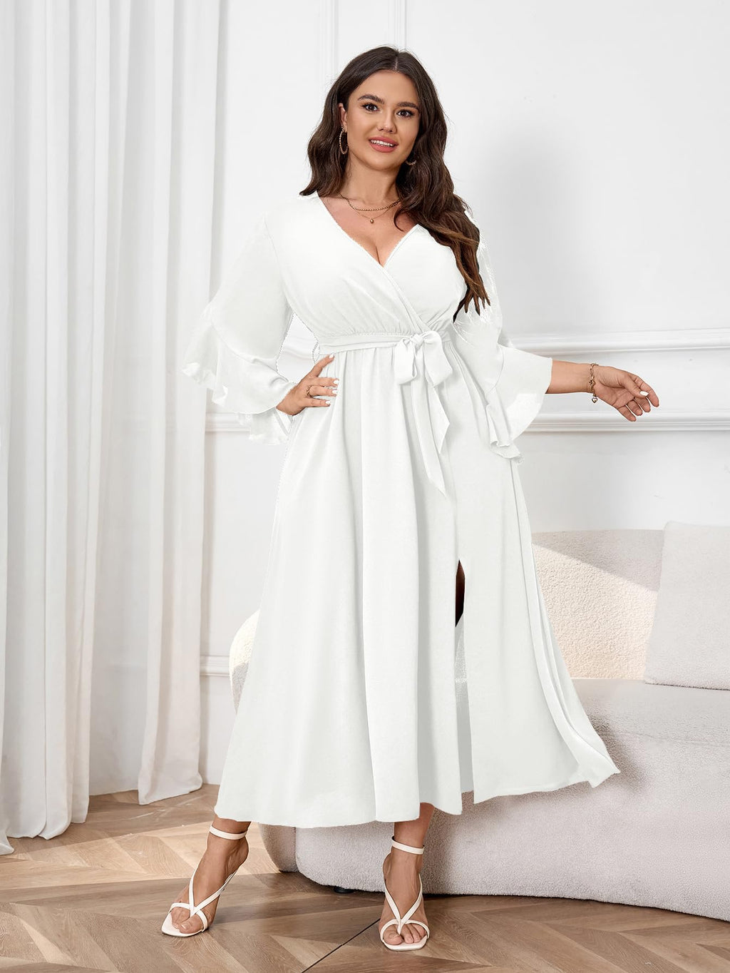 Womens Plus Size Dress Wedding Guest Cocktail Ruffle Half Sleeve Wrap V Neck Slit A Line Maxi Dresses with Belt